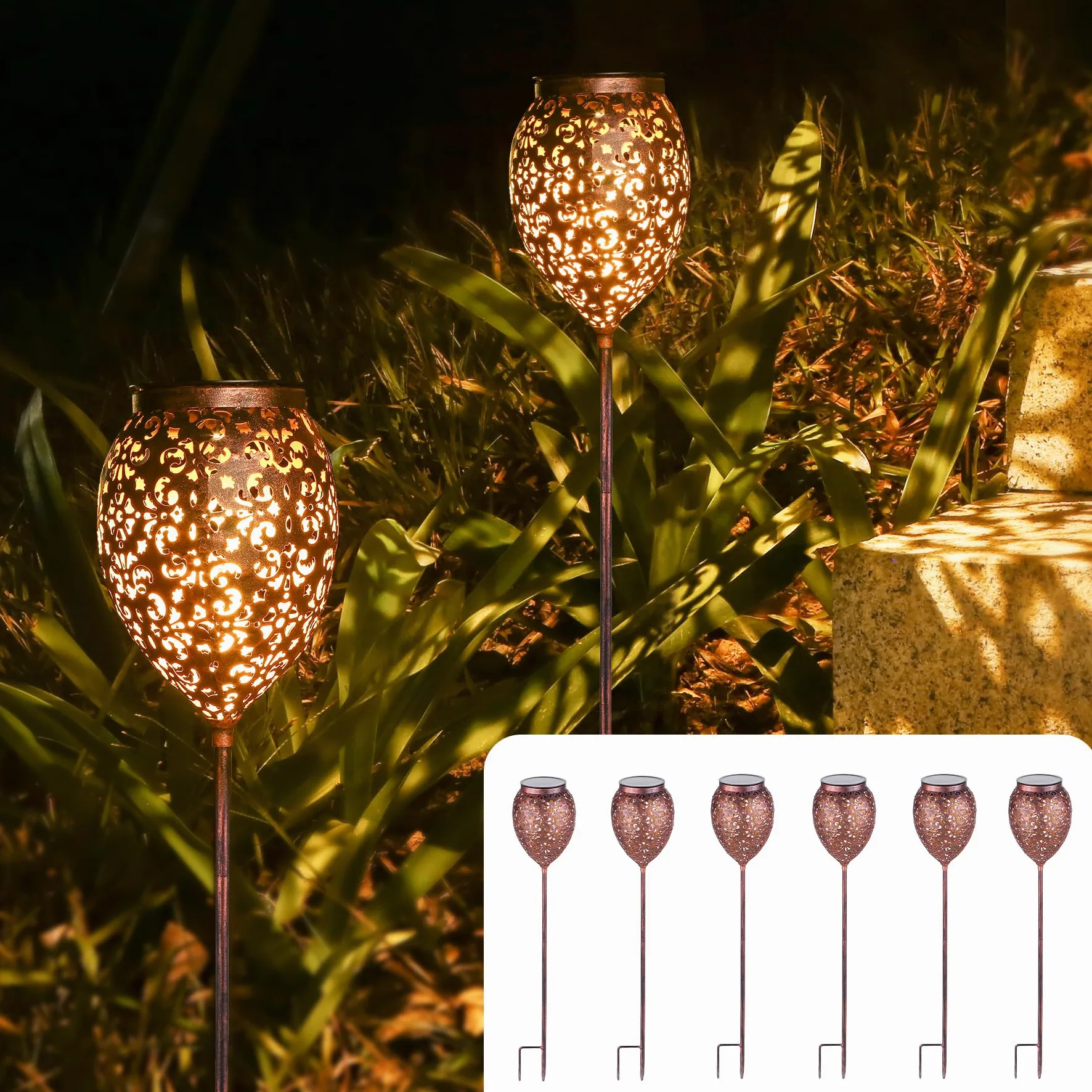 JOYCREATOR Lampade solari in metallo per esterni da giardino, 6 pezzi, luci solari per esterni, IP65, impermeabili, vintage, da giardino, a energia solare, regolabile in altezza, con picchetto per
