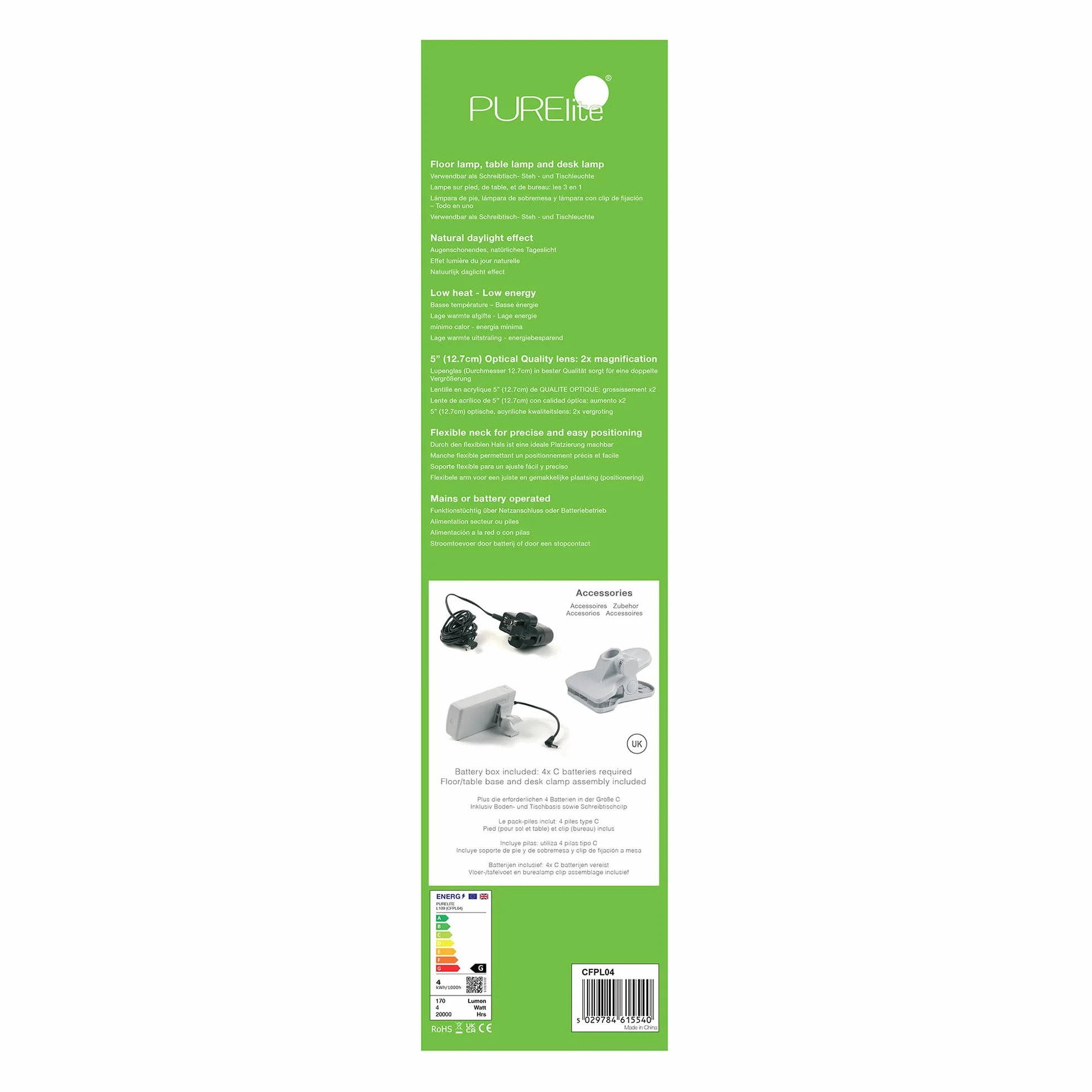 PURElite LED Lampada da Terra con ingrandimento, Lampada da Tavolo Regolabile, Alimentazione a Rete o a Batteria, Bianco