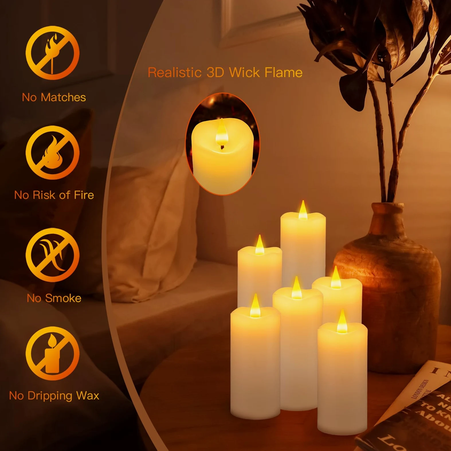 Candele ricaricabili senza fiamma con telecomando e timer, confezione da 9 candele LED tremolanti USB rivestite con vera cera per Halloween, Natale, casa, matrimoni e festività (sei