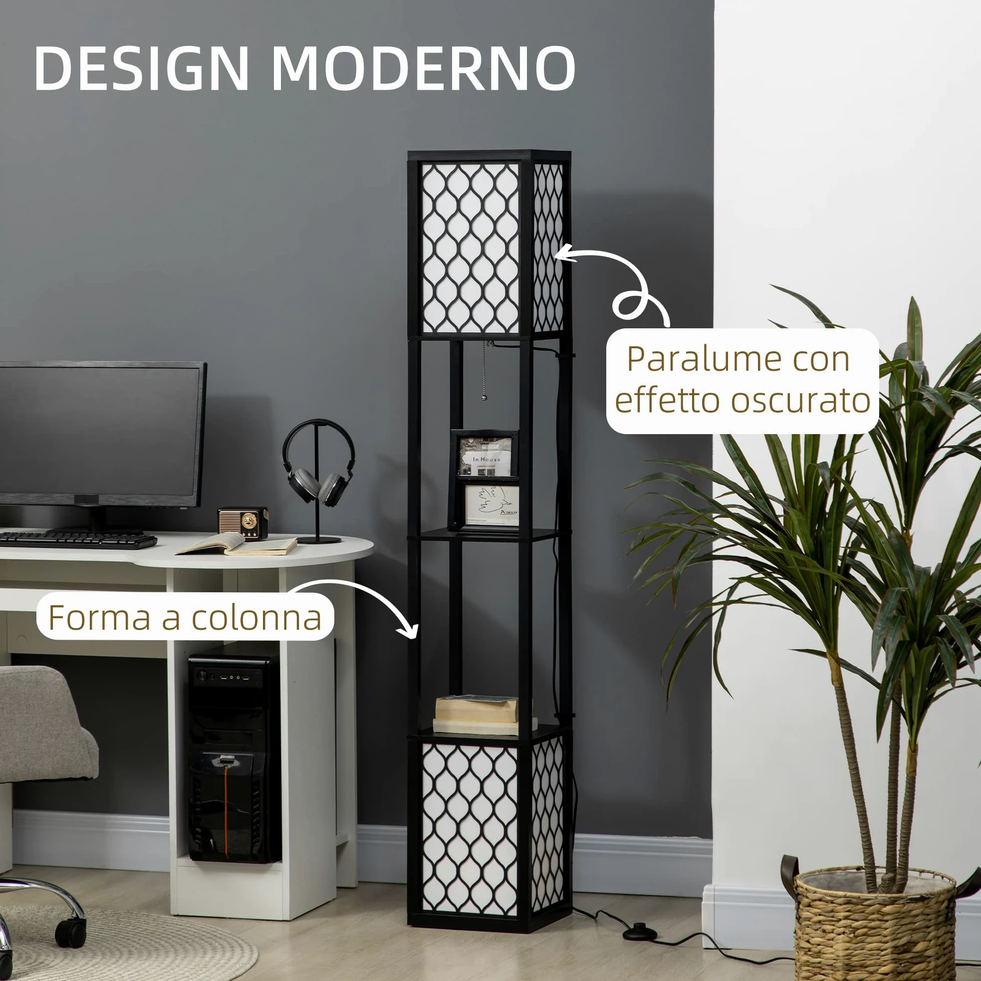 HOMCOM Lampada da Terra a Colonna in MDF e Plastica PP con 2 Ripiani, per Soggiorno, Studio e Camera da Letto, 26x26x156 cm, Bianca e Nera