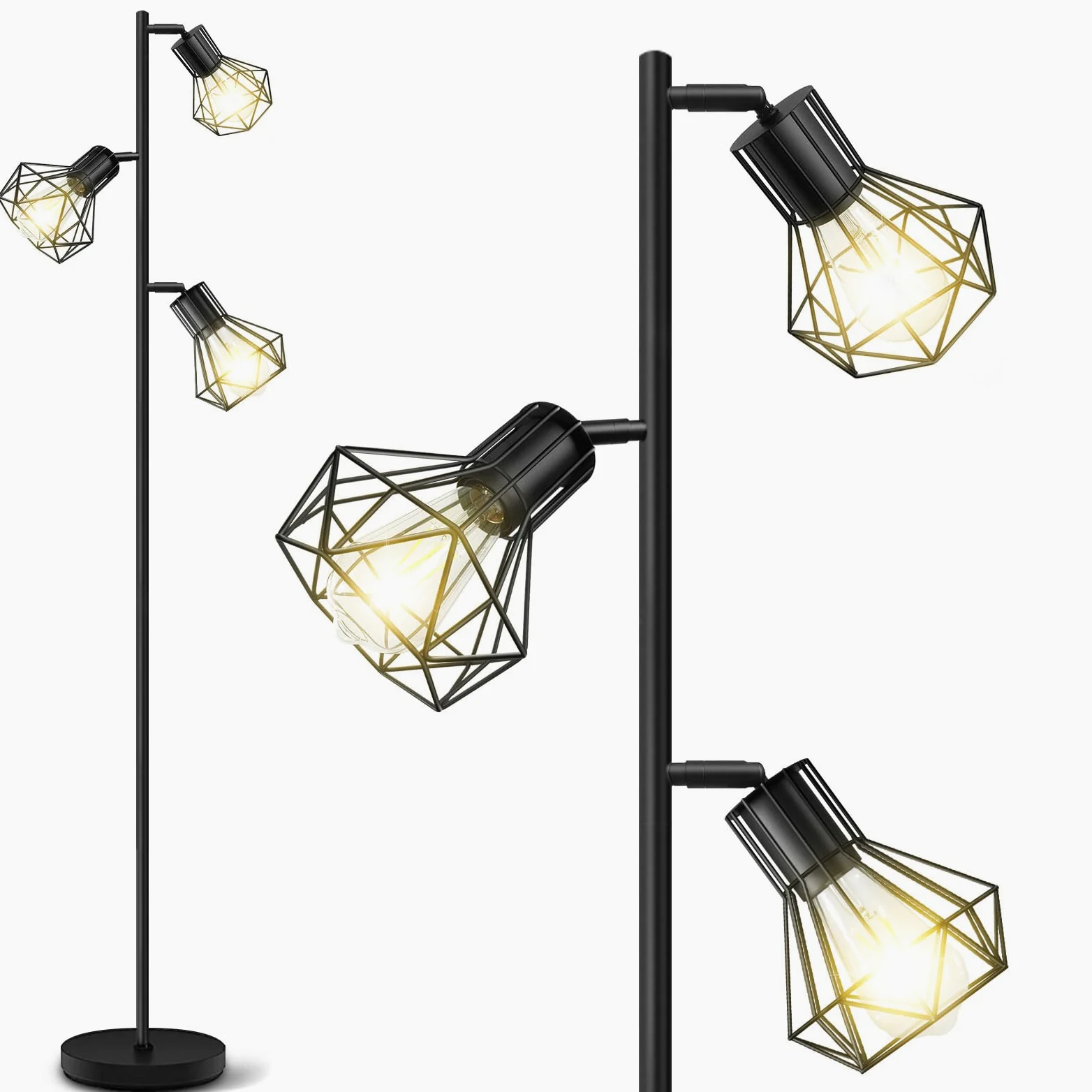 BBHome Lampada da terra industriale, lampada da terra ad albero di fattoria con teste a gabbia regolabili, lampade da terra rustiche per ufficio camera da letto soggiorno, nero (lampadine non incluse)