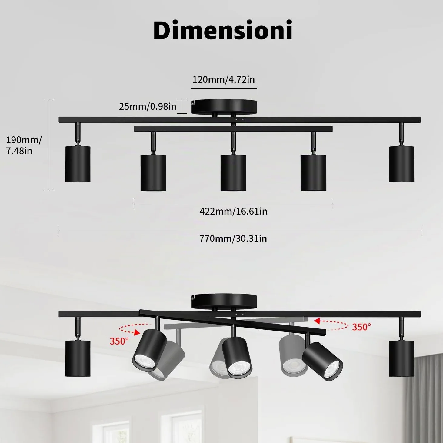 LVWIT Faretti Orientabili Nero, Faretti Soffitto con 5 Attacco GU10, Faretto da Interno Moderna, Lampadario Faretti per Barra, Salotto, Cameretta, Cucina,Corridoio Illuminazione (Senza Lampadina)