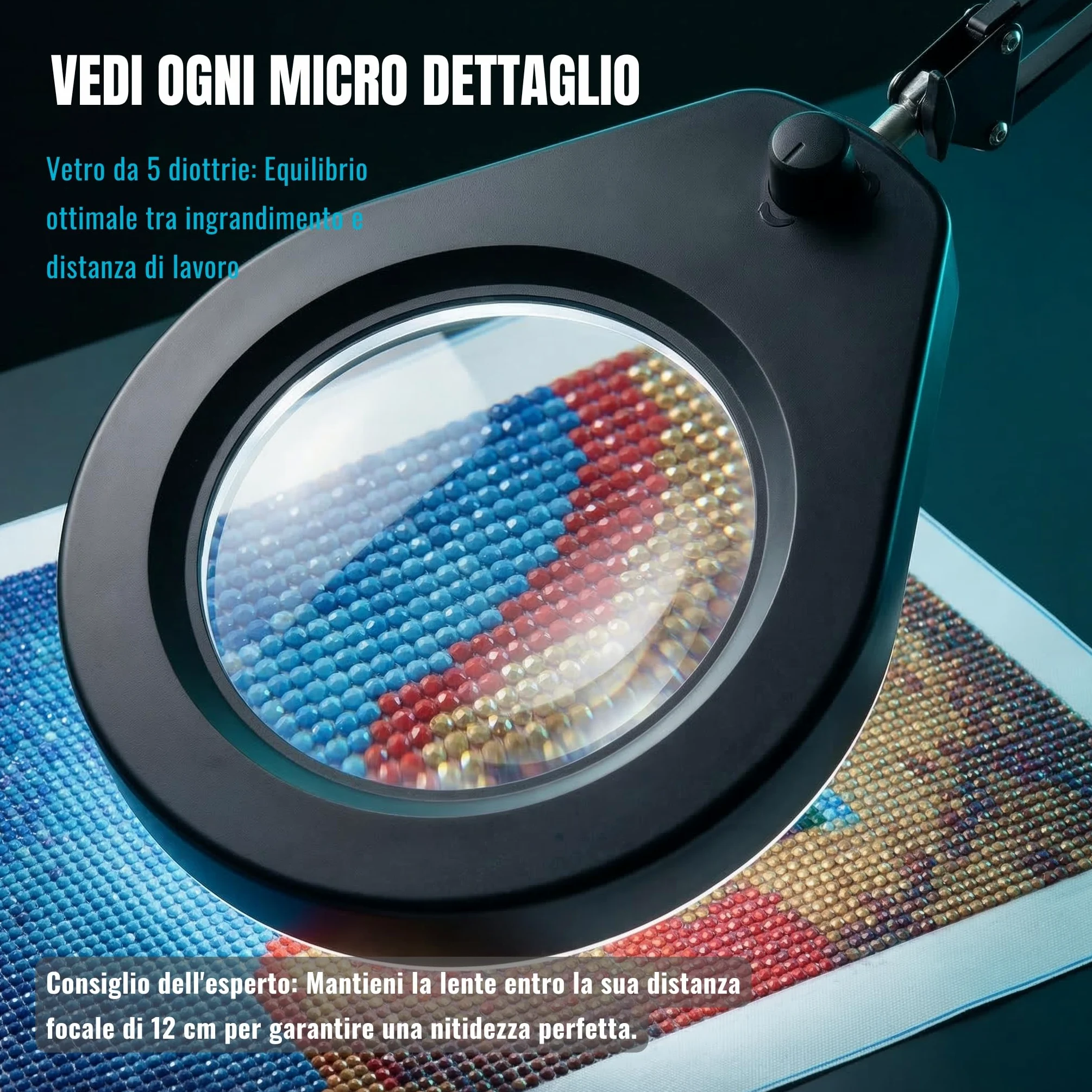 Lampada di Ingrandimento con Base e Morsetto, Lente Illuminata 105 mm 5x, Luce Regolabile (5 Colori, 10 Livelli, 790 LM), Braccio Orientabile Regolabile - Mani Libere per Lavori di Precisione
