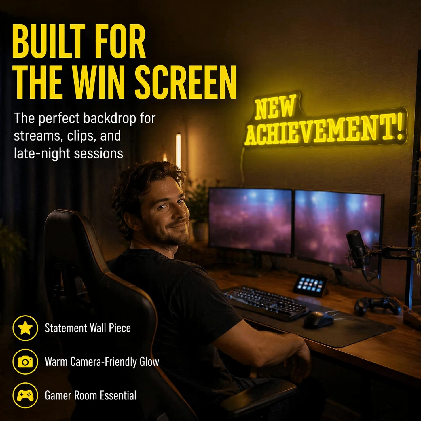 Targa al neon con scritta "NEW ACHIEVEMENT!", 45 x 15,2 cm, decorazione da parete a LED gialla, con retro in acrilico, alimentata tramite USB, per la stanza dei videogiochi, per la camera da letto e