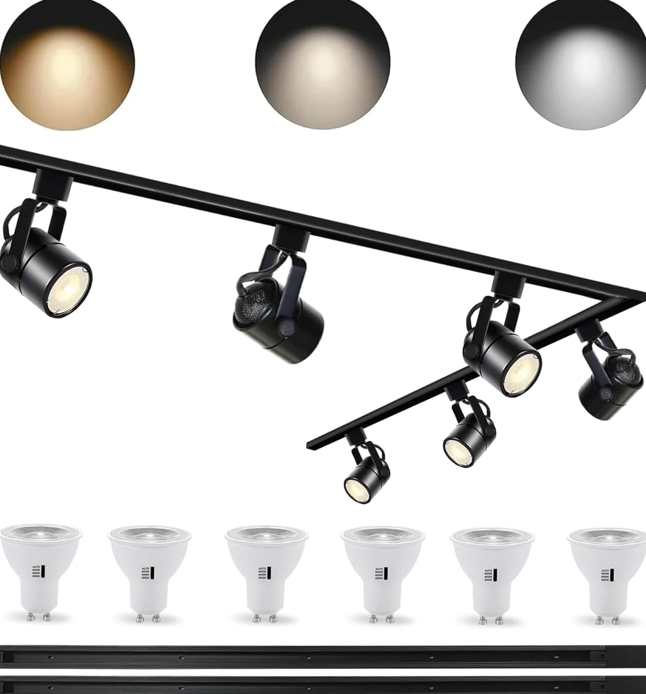 Set di Illuminazione LED Nero Regolabile di Luminosità Bravsekai, Testa per Binario GU10 10W 3CCT con 2x1m Binario Tipo H, 3000K/4000K/6000K Regolabili, Faretti da Soffitto Commerciali con 6 Lampade G