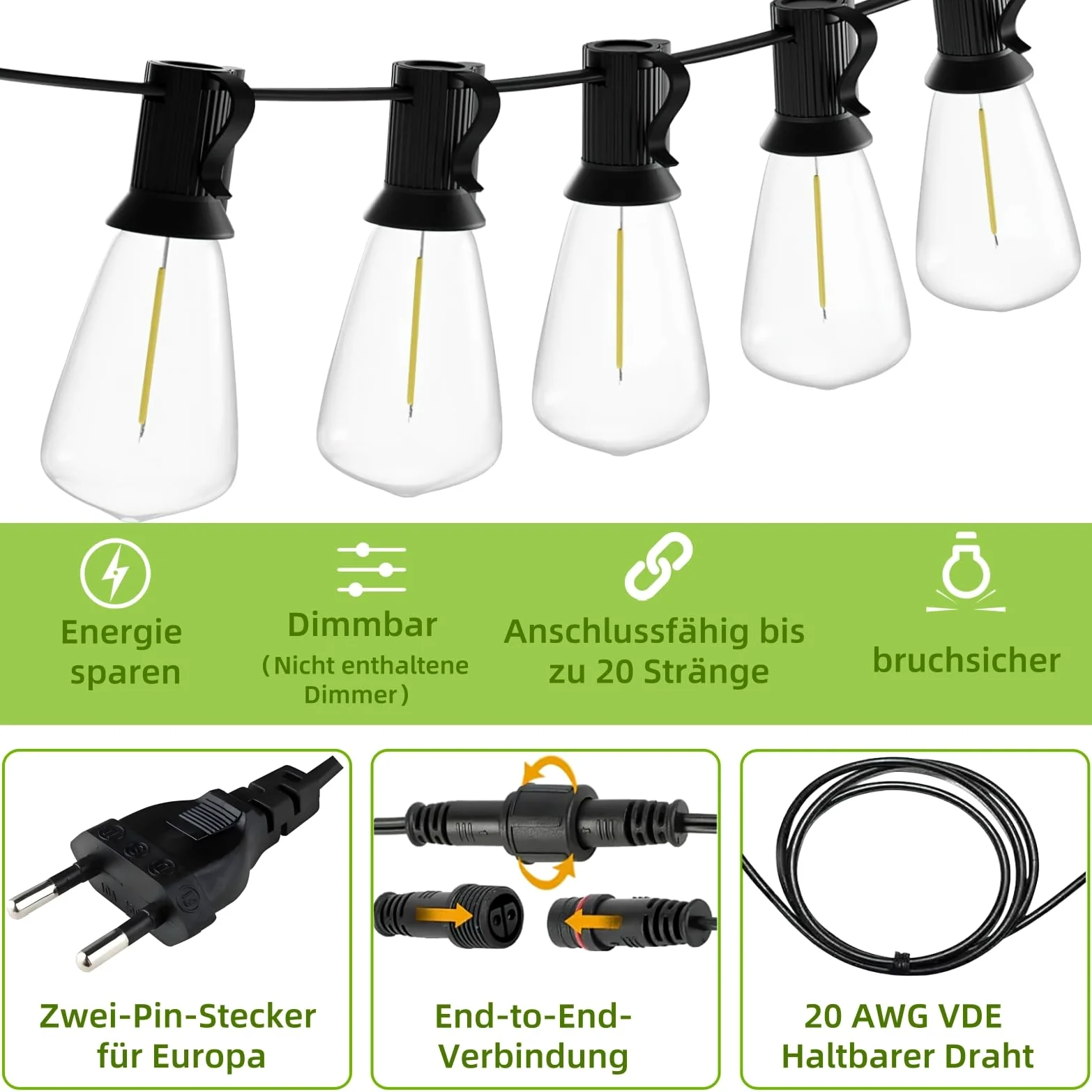 AzureStar Catena luminosa per esterni, 30 m, 100 m, estendibile, per esterni, IP44, impermeabile con 50 + 2 ST38 LED, in plastica, luce bianca calda, per esterni, giardino, terrazza, matrimonio