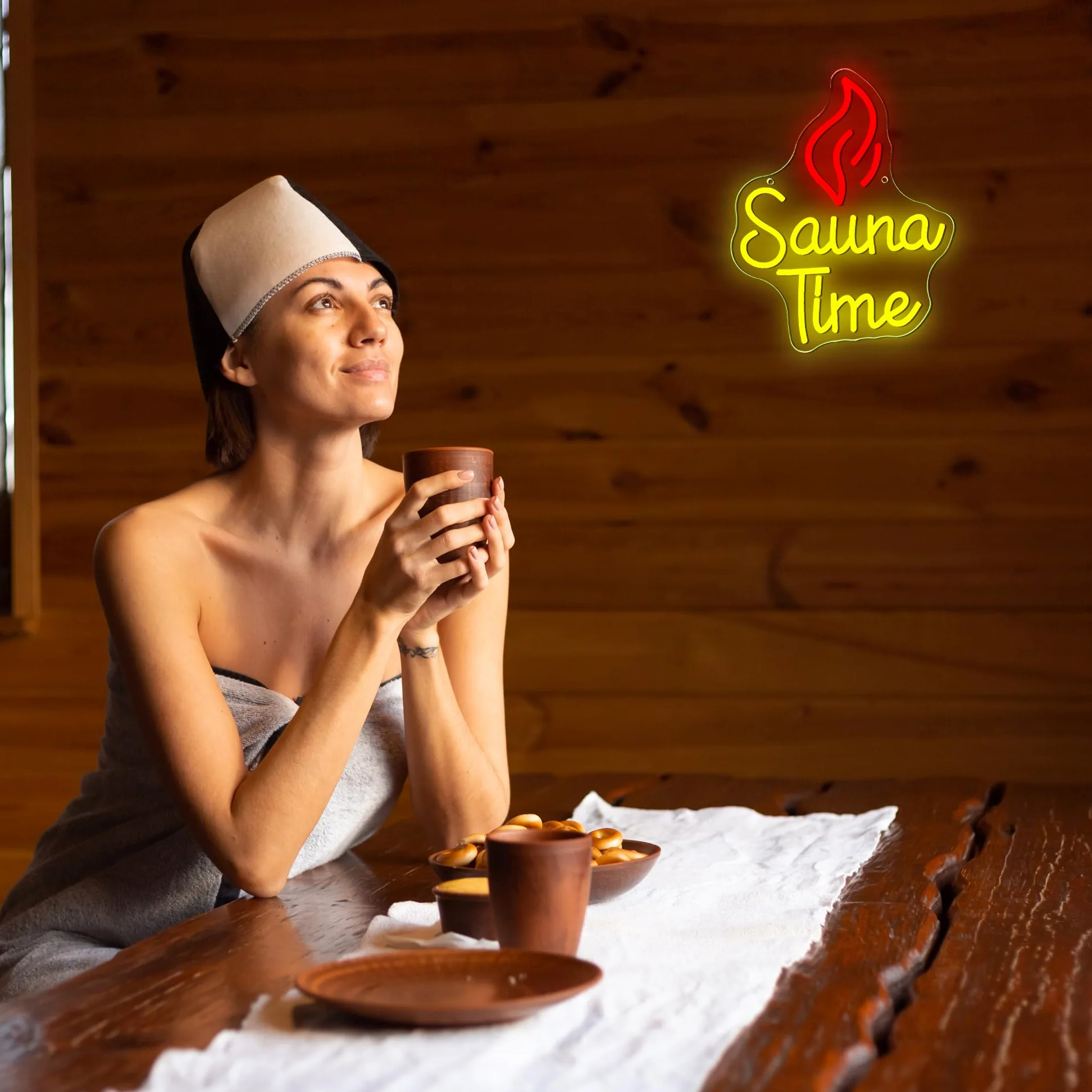 Insegna al neon con tempo sauna, luce al neon a LED per spa e benessere, dimmerabile, alimentata tramite USB, per palestra, benessere, sala relax, insegna per la cura di sé (32 x 26 cm)