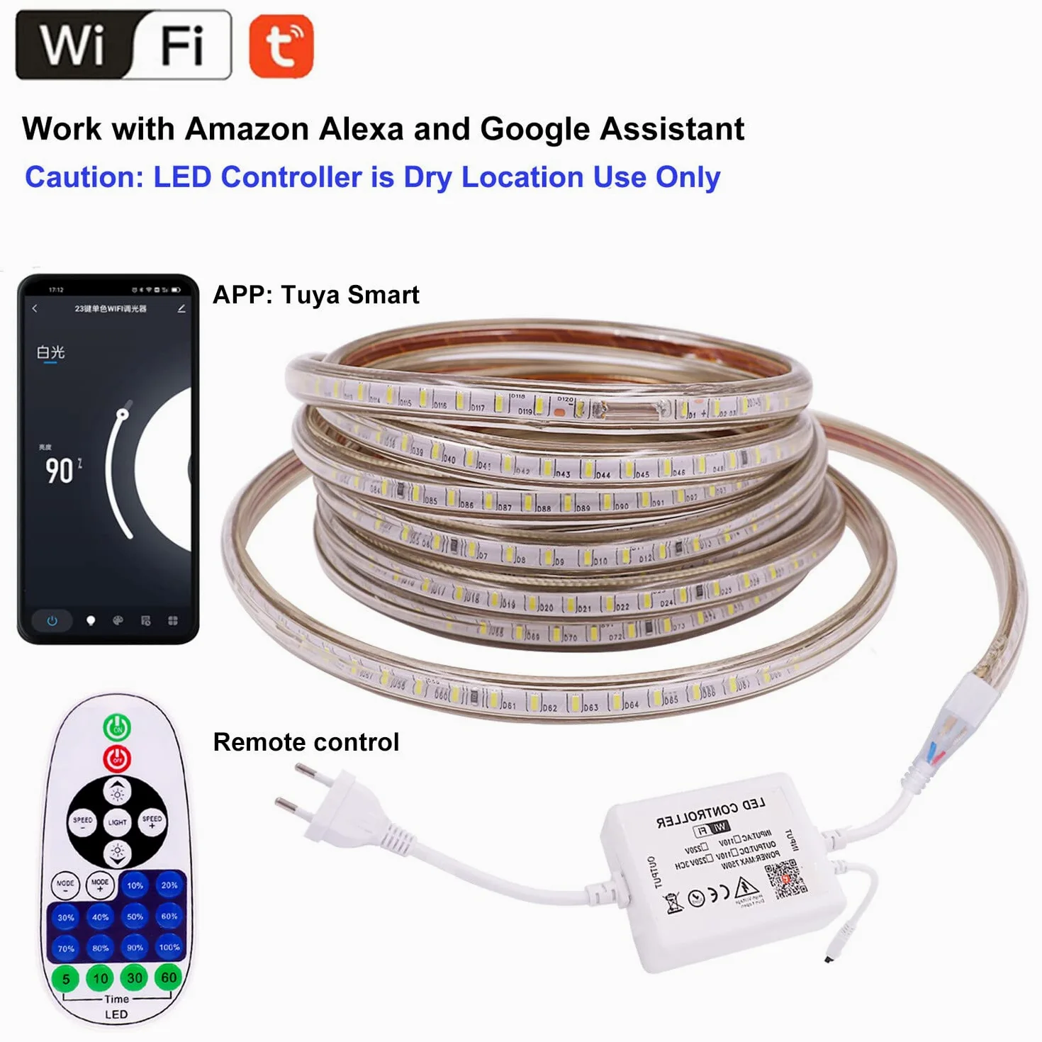 XUNATA Strisce LED 3014 Dimmerabile con Telecomando e Controller WiFi, Nastri LED Impermeabile IP65, Tuya App Funziona con Alexa/Google Assistant/Smart Thing (30m, Bianco Caldo)