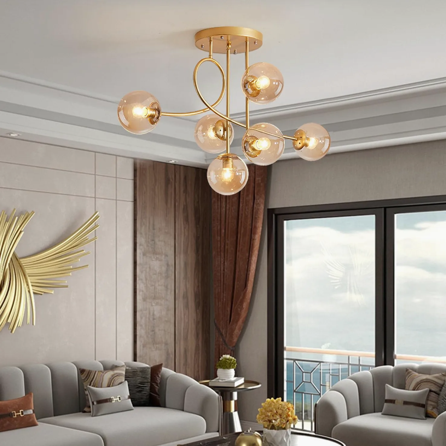 Lampadario moderno a soffitto E27 a 6 luci, lampadario a sospensione vintage in metallo con sfera di vetro E27 per camera da letto, soggiorno, cucina, loft, diametro 90 cm