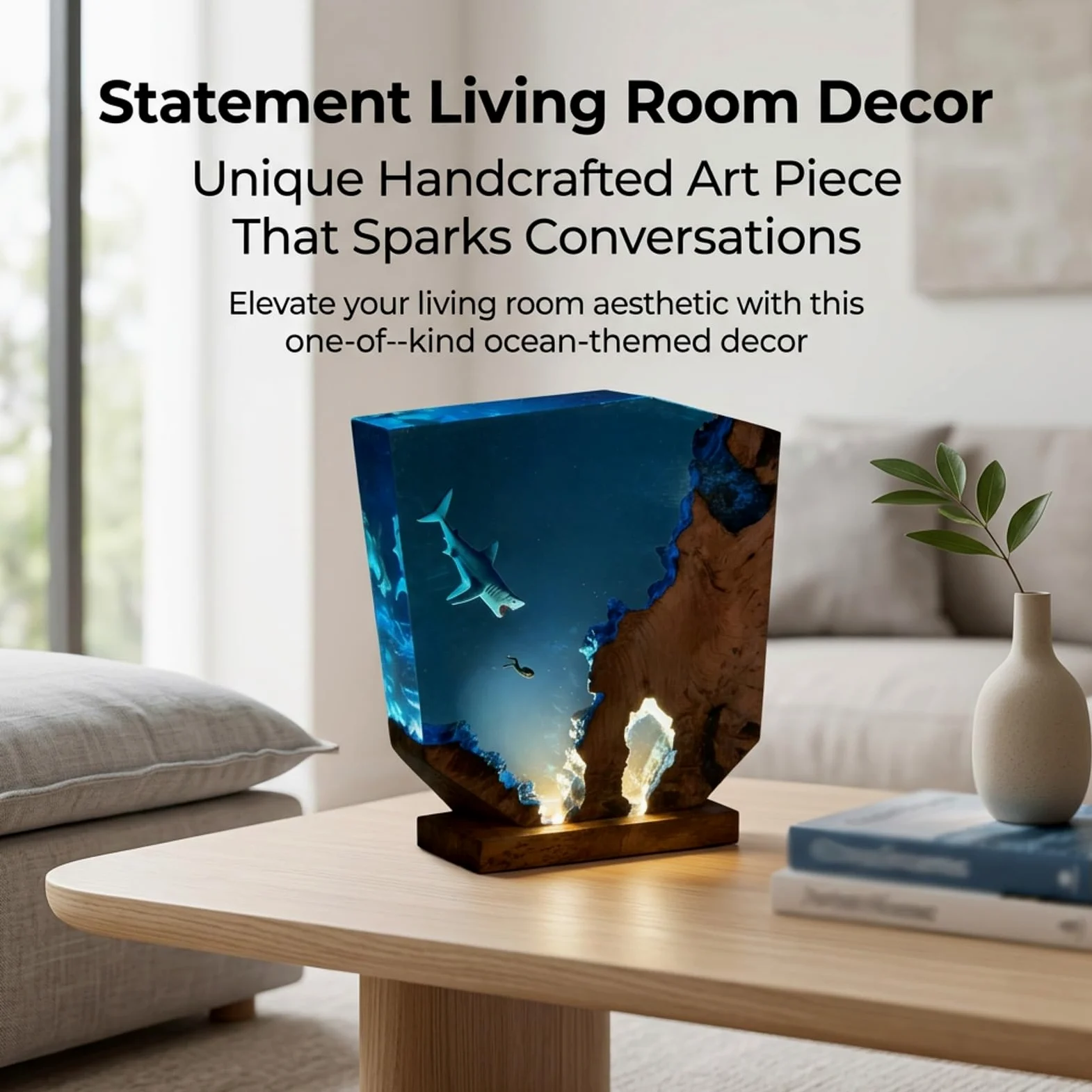Lampada Resina Epossidica, Luce Notturna con Design Oceano 3D | Lampada LED artigianale in resina e legno per scrivania, comodino, camera e arredamento casa(15*13cm/5.9*5.1in)