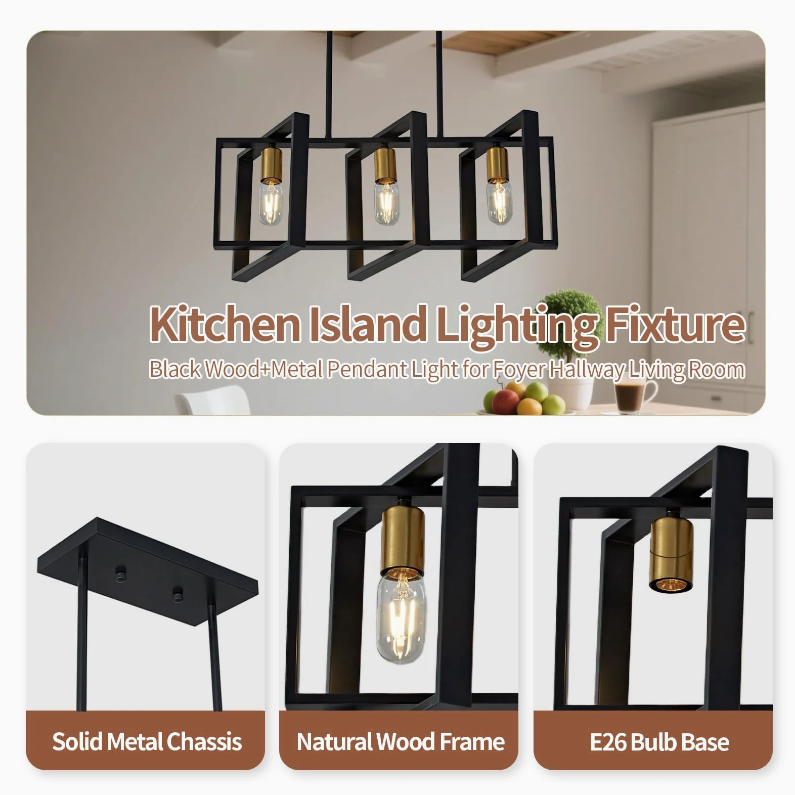 lampadari da cucina, lampadario della tavola da pranzo, lampadari da cucina per la sala da pranzo il salone, corridoio del foyer, struttura di legno. (Nero,3 luci)