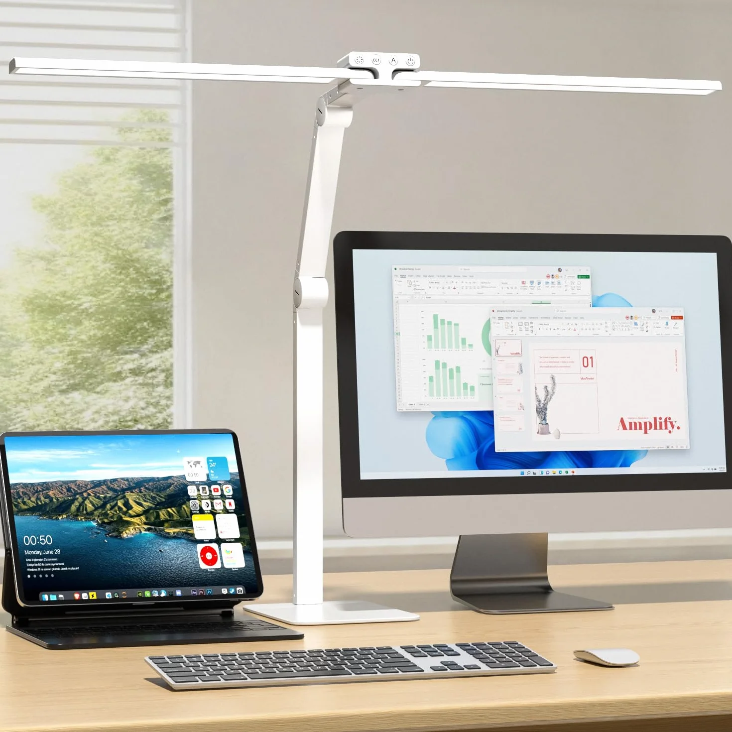KableRika 24W Lampada da scrivania a LED per ufficio, lampada da scrivania a doppia testa con base, luce da scrivania di design dimmerabile, luce per monitor pc,lo studio e l'illuminazione di casa