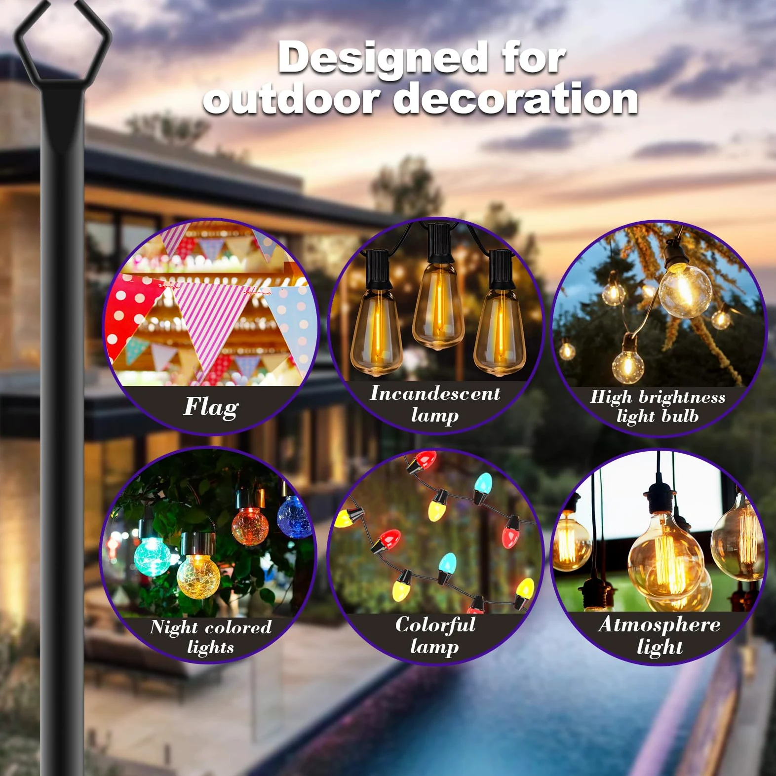 zoegi Confezione da 2 pali luminosi da 3 m, per luci esterne con forcella, staffe per esterni, supporto in metallo per patio, cortile, matrimoni, terrazza, feste