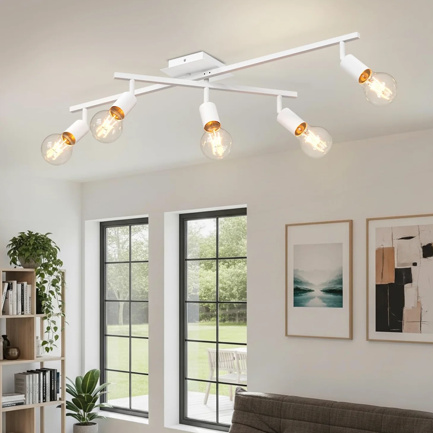 LVWIT Faretti Orientabili Bianco, Faretti Soffitto con 5 Attacco E27, Faretto da Interno Moderna, Lampadario Faretti per Barra, Salotto, Cameretta, Cucina,Corridoio Illuminazione (Senza Lampadina)
