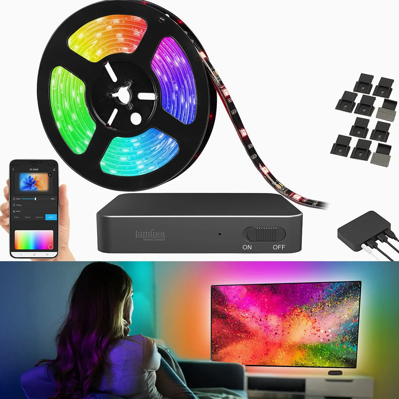 Luminea Home Control TV-Sync-Box HDMI con striscia LED RGBIC 3,8 m per TV 55-65", WiFi, 4K
