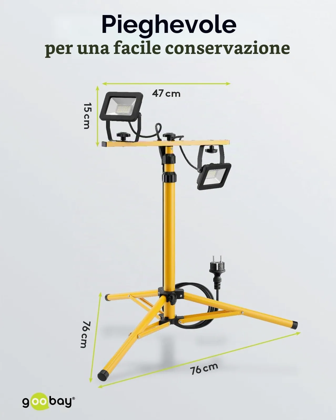 Goobay 57845 Faretto da costruzione a LED su stativo telescopico 2 x 20W / 3400lm / Luce bianca neutra - 4000K / Per uso interno ed esterno - IP65 / Nero/Giallo