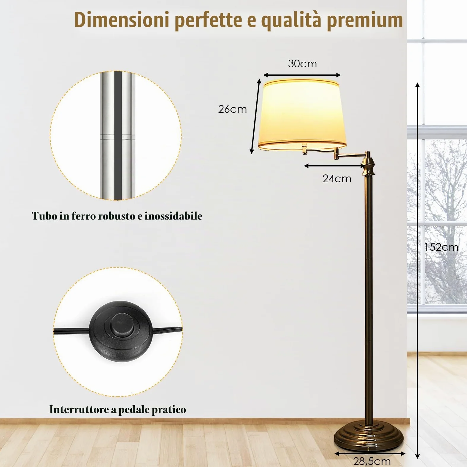 HOMASIS Lampada da Terra, Lampada da Piantana, Lampada Girevole ed Estensibile con Paralume Beige in Tessuto e Base Stabile in Ferro, Senza Lampadina, E27,40W, per Salotto, Studio, 28,5 x 152 cm
