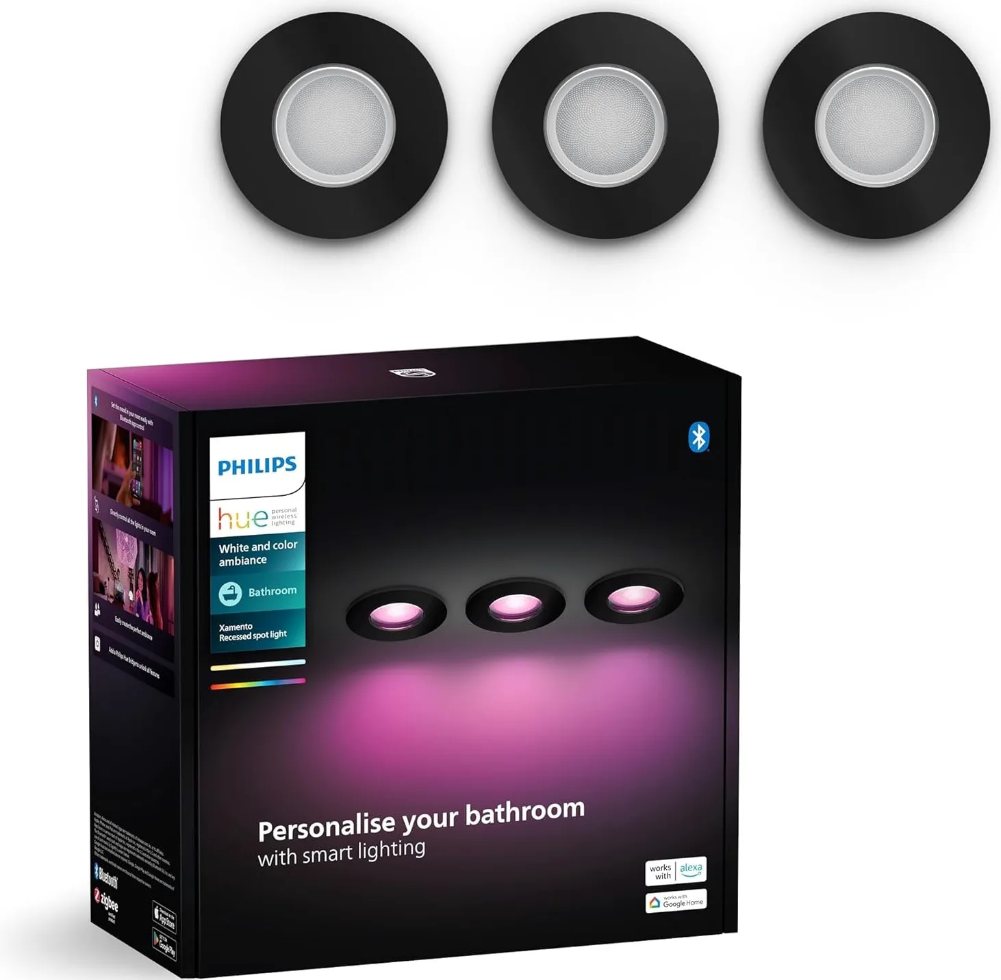 Philips Hue Xamento, Faretti da incasso LED smart, Confezione da 3, Nero | Luce bianca e colorata, Dimmerabile, 16 milioni di colori, Smart Home, Controllo vocale e via app, Per bagno, GU10