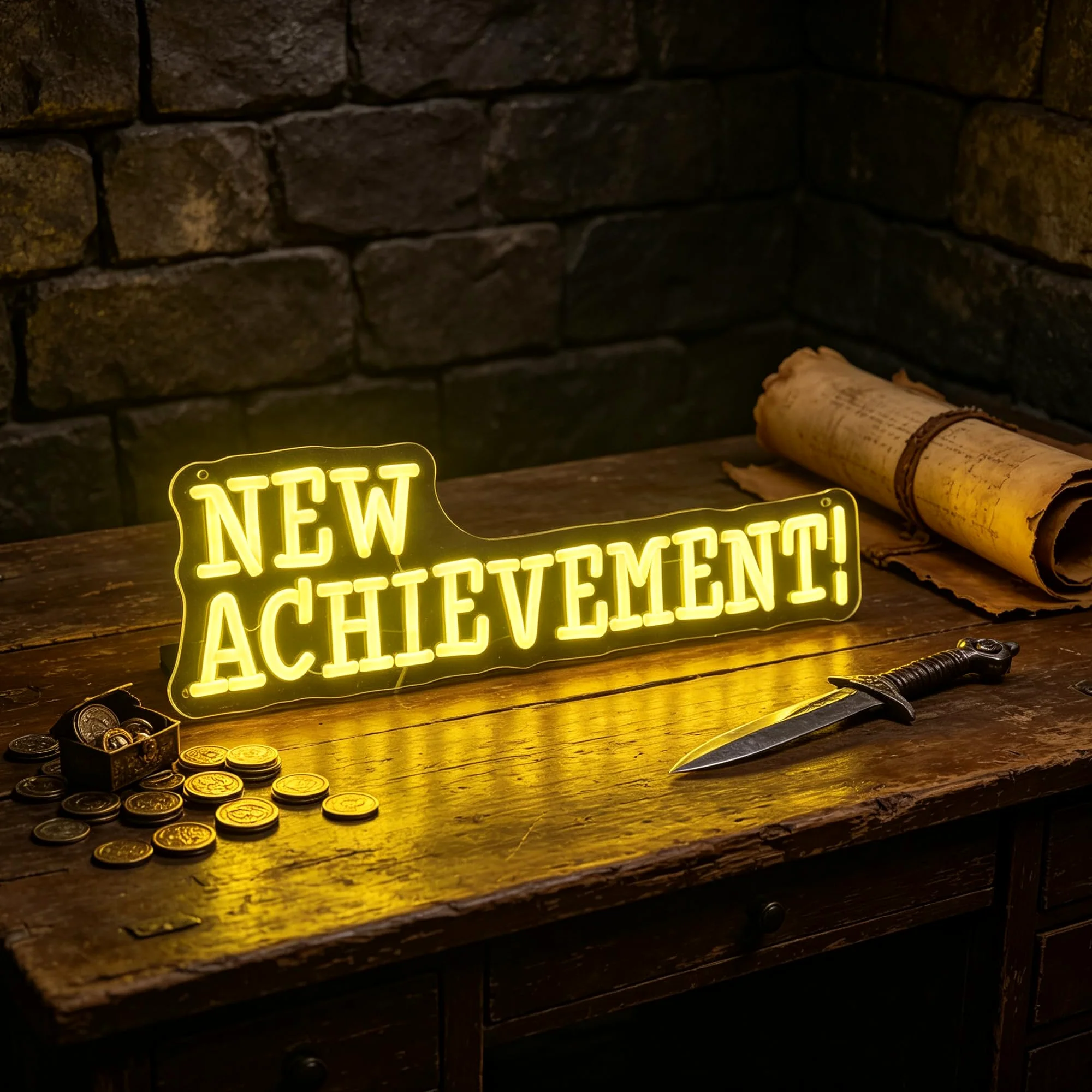 Targa al neon con scritta "NEW ACHIEVEMENT!", 45 x 15,2 cm, decorazione da parete a LED gialla, con retro in acrilico, alimentata tramite USB, per la stanza dei videogiochi, per la camera da letto e