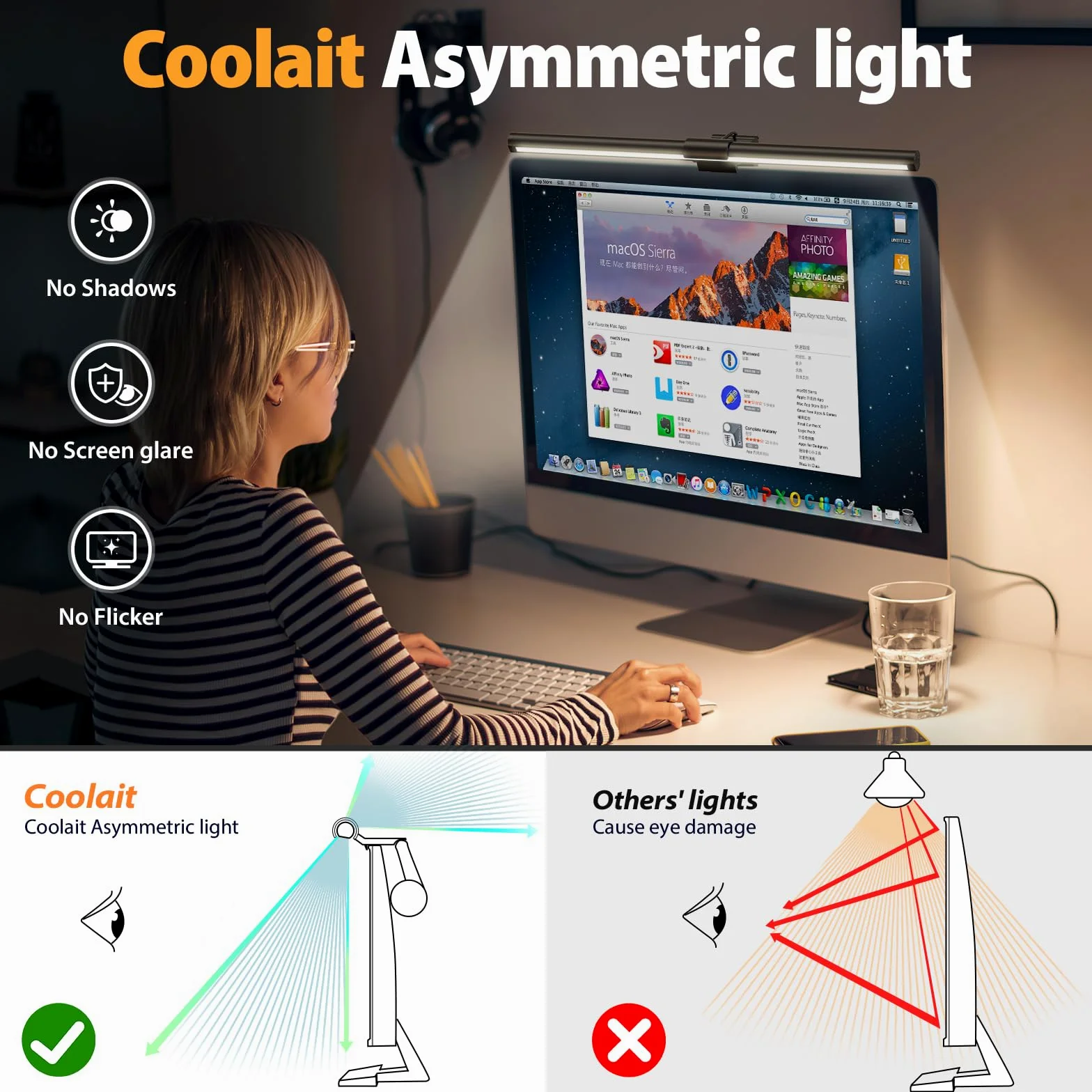 Barra luminosa per monitor per la cura degli occhi, lampada da scrivania a LED asimmetrica con oscuramento continuo, nessun riflesso dello schermo per monitor da 17-35 pollici, perfetta per casa e