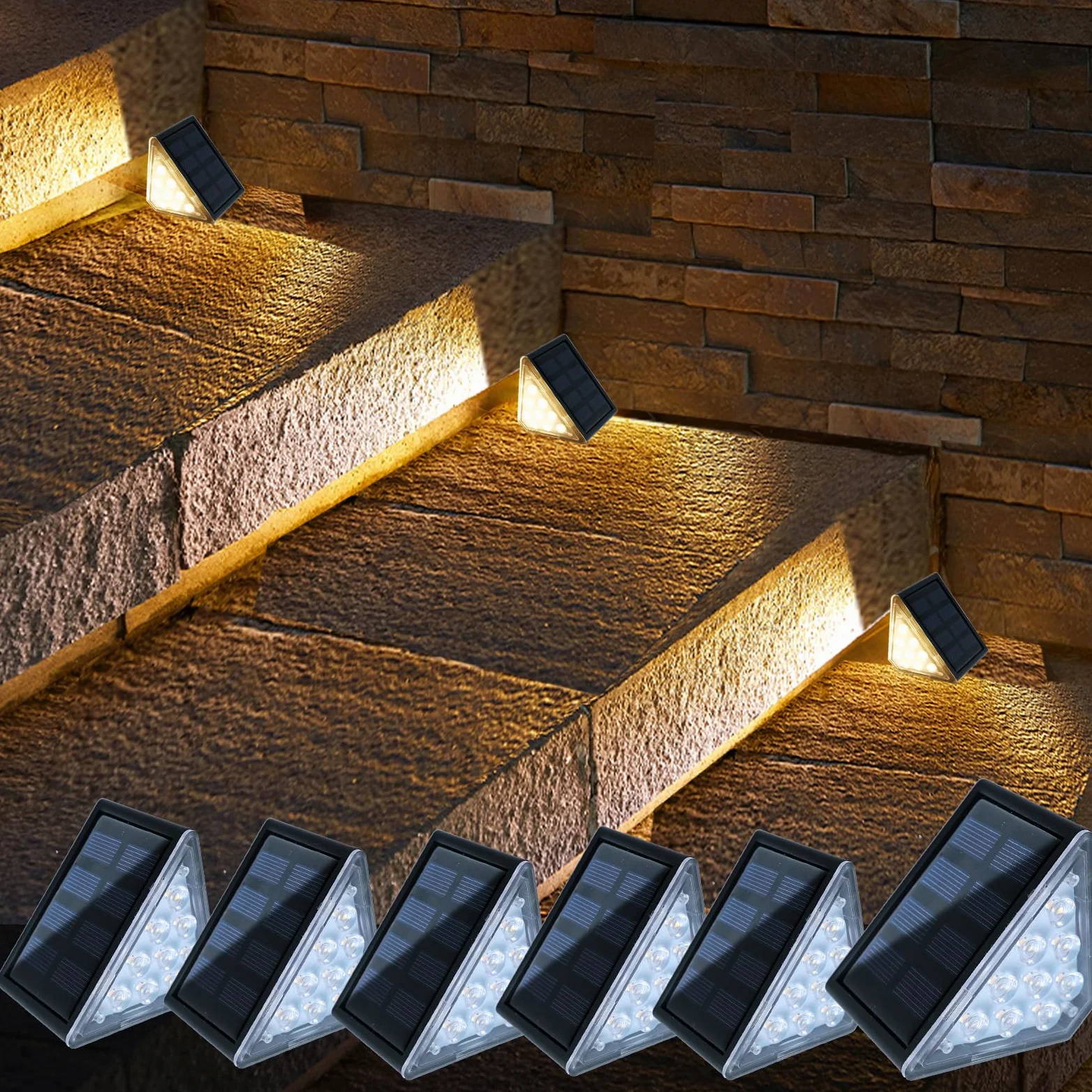 LED Luci Solari per Esterni, IP67 Impermeabile LED Solare Lampada da Scala Bianca Calda 3000K, Illuminazione Scale per Cortile, Giardino, 6 pezzi