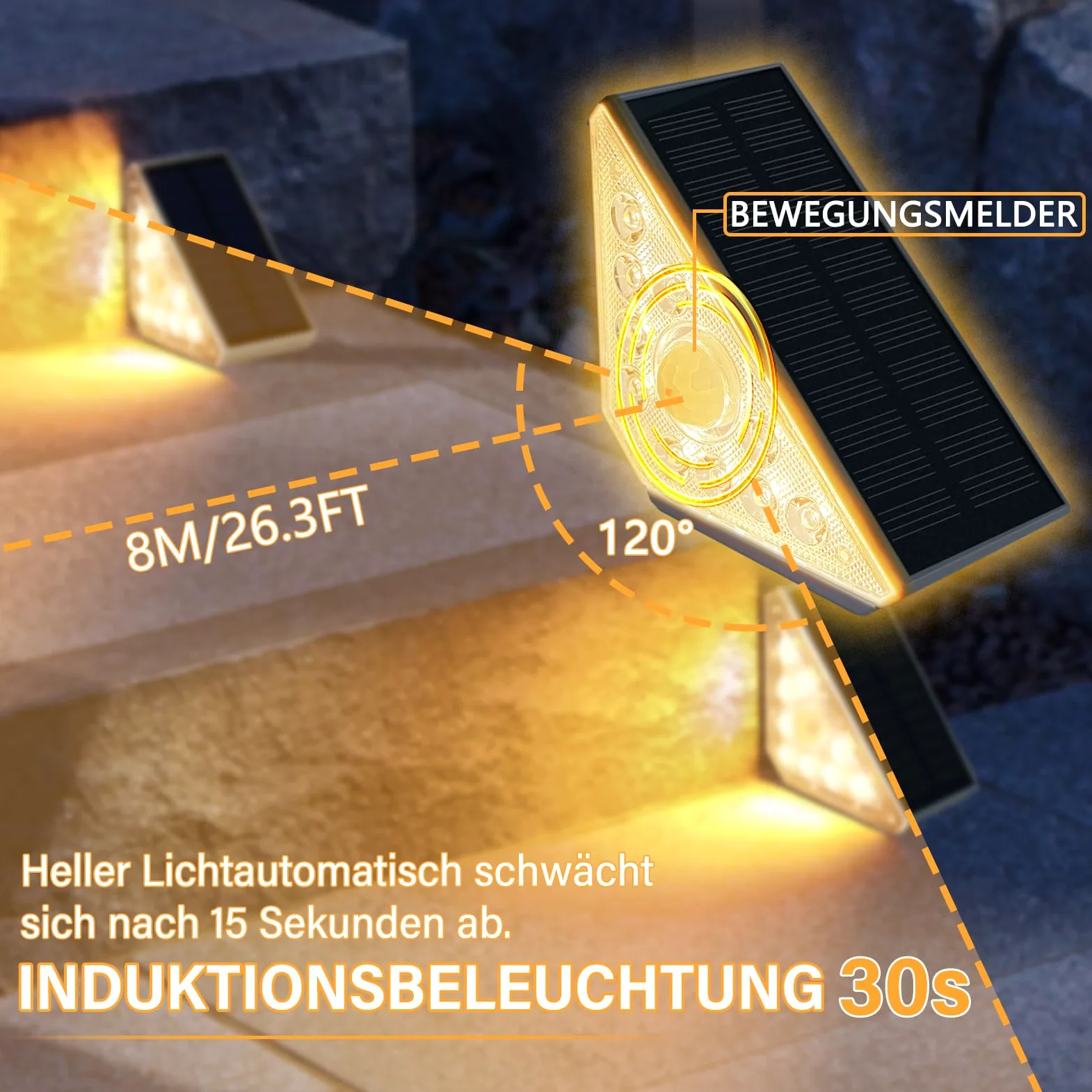 4 luci solari per scale esterne con sensore di movimento, luce bianca calda, illuminazione solare per scale, impermeabilità IP44, 800 mAh, per giardino, scale, patio, porta d'ingresso