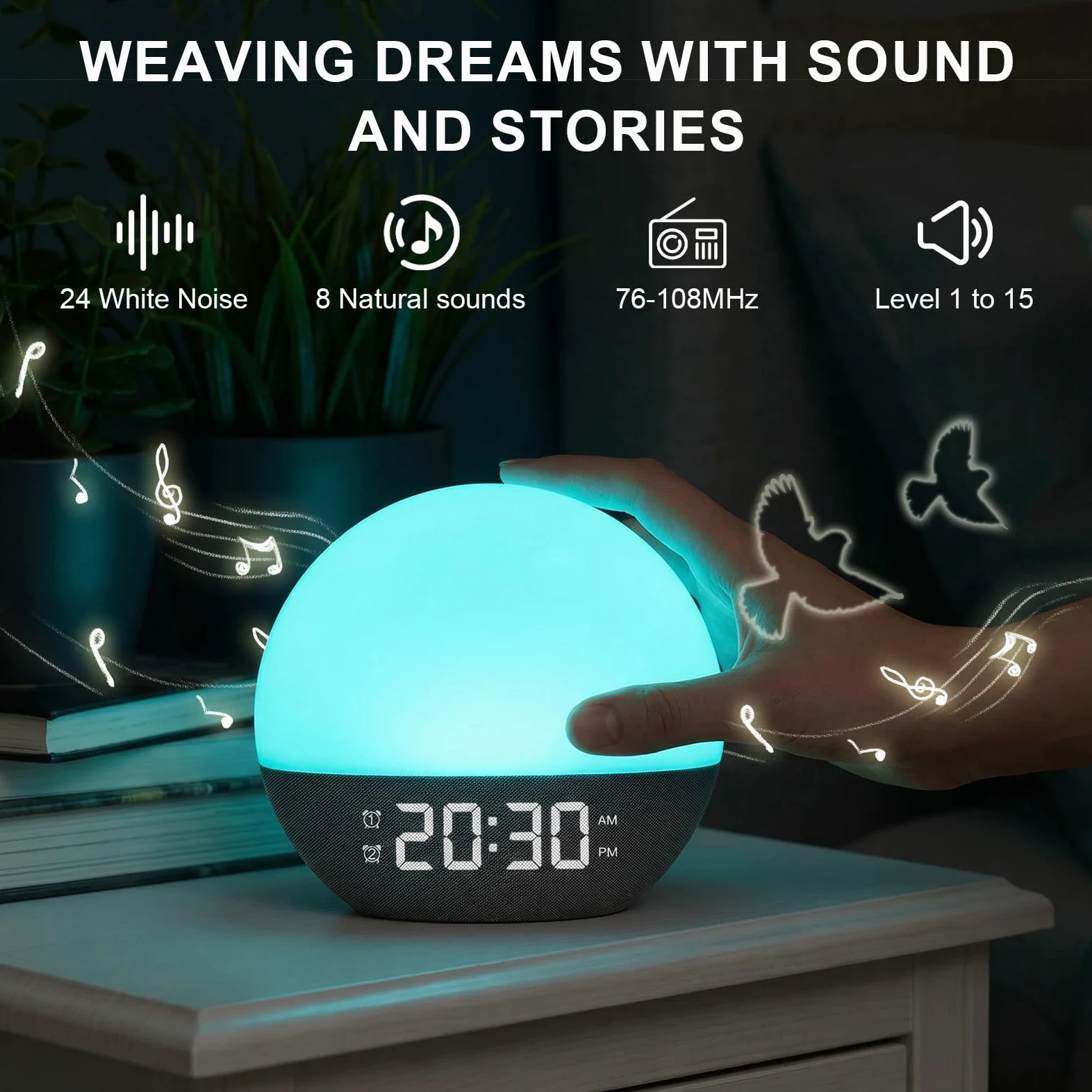Sunrise alarm clock,Wake Up Light,Luce Sveglia da Comodino,Sveglia alba,Sveglia Simulazione Dell'alba,20 Luminosità,10 Colori,24 Suoni Naturali,Funzione snooze,Radio FM,Per Adulti e Bambini