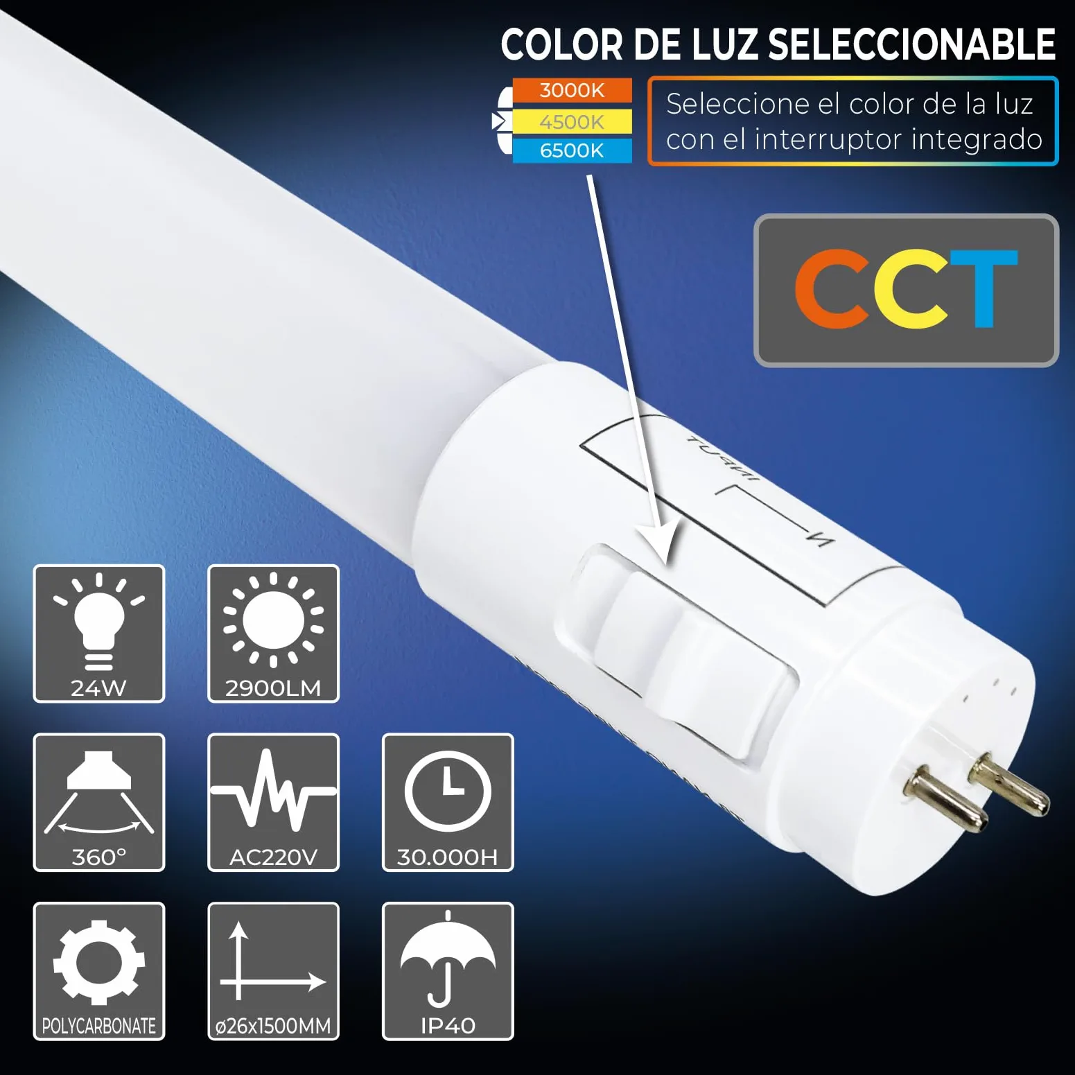 LED ATOMANT Confezione da 10 Tubo LED 150cm 24W, CCT (Selettore di Colore Bianco Caldo, Neutro e Freddo), 2900 Lumen, Started LED Incluso, Standard T8