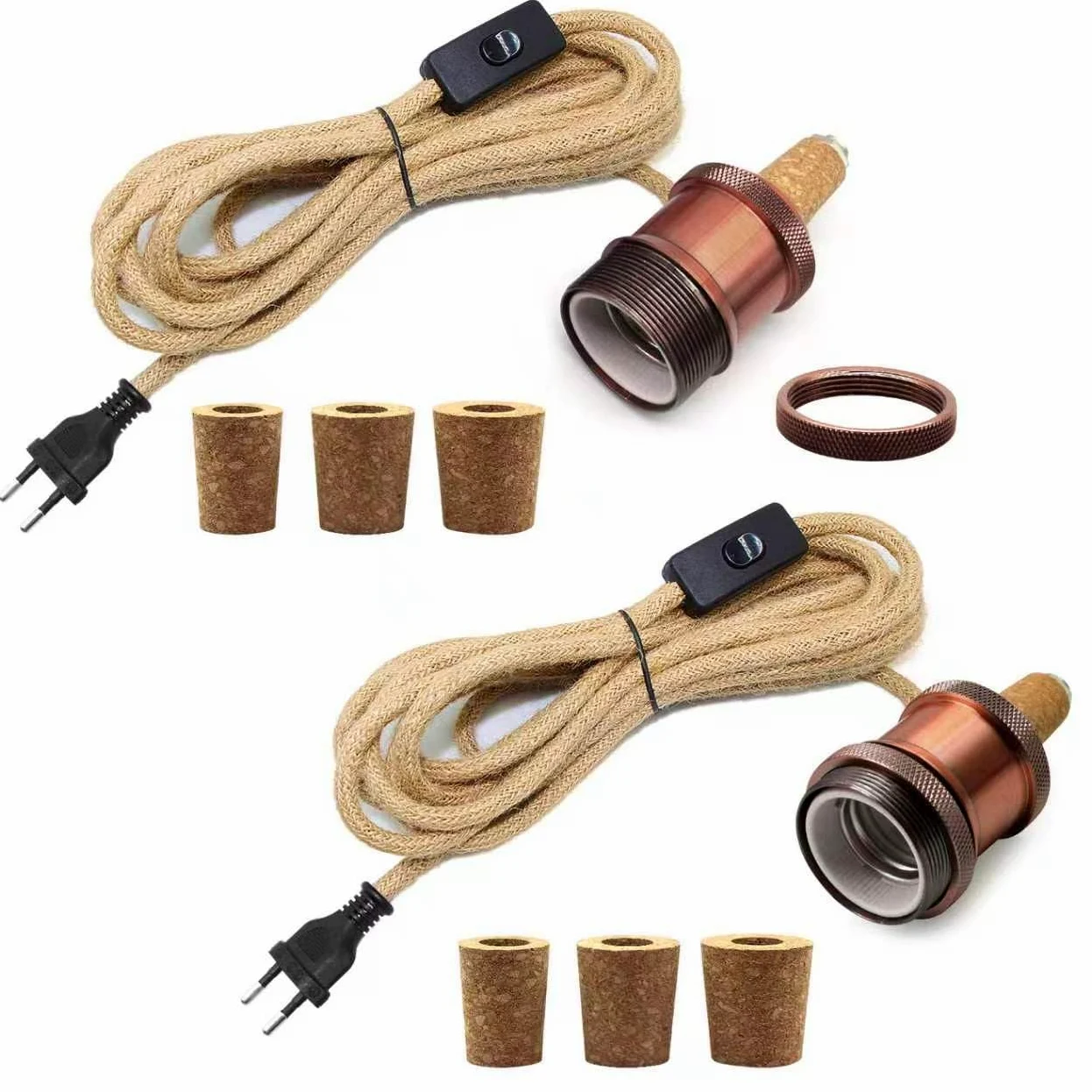 2PCS Kit Lampada Bottiglia, Portalampada E27 con Cavo di Canapa da 240CM, Supporto per Lampada Bottiglia, 3 Tappi Flessibili, Adattatore per Bottiglia per Portalampada, Può Fare da Paralume, Rosso