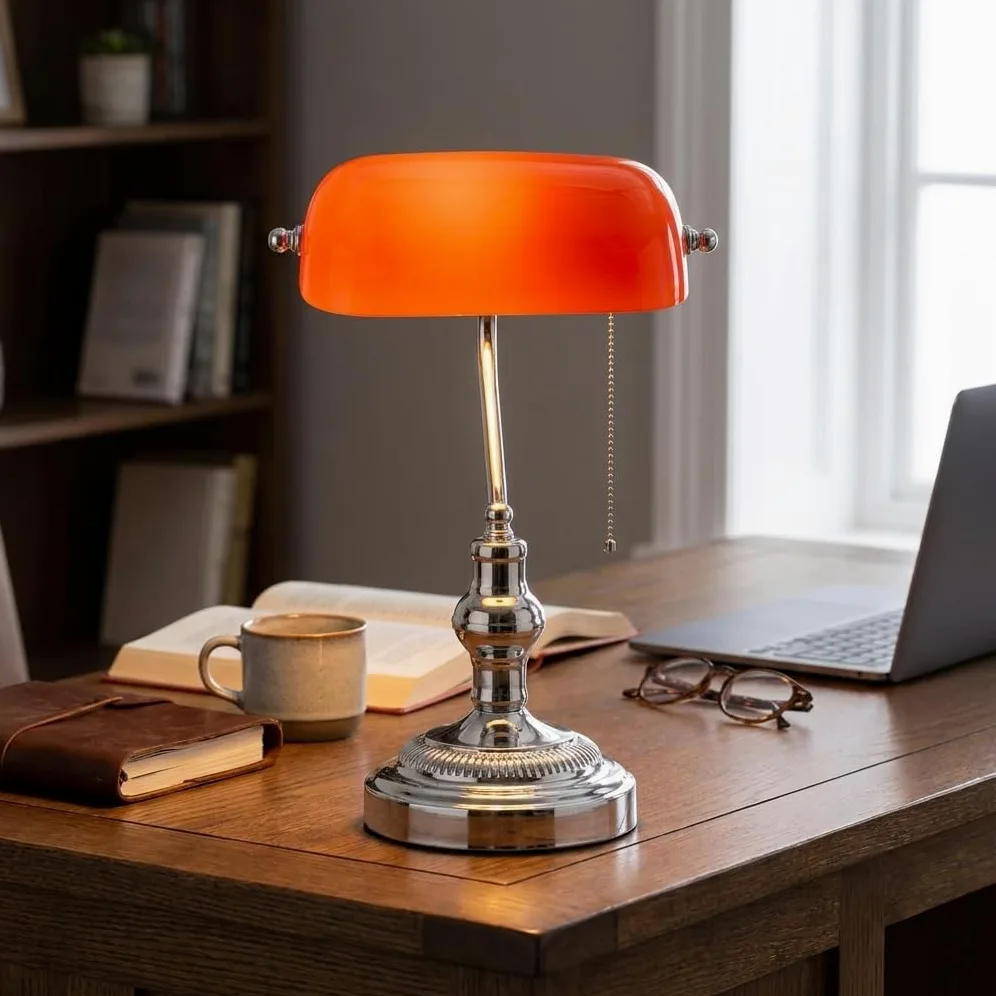 BARCELONA LED Lampada da Tavolo Banker Vintage E27 Paralume in Vetro Rosso Base Cromata Orientabile Luce da Scrivania Classica Stile Industriale Retrò Nordico per Ufficio
