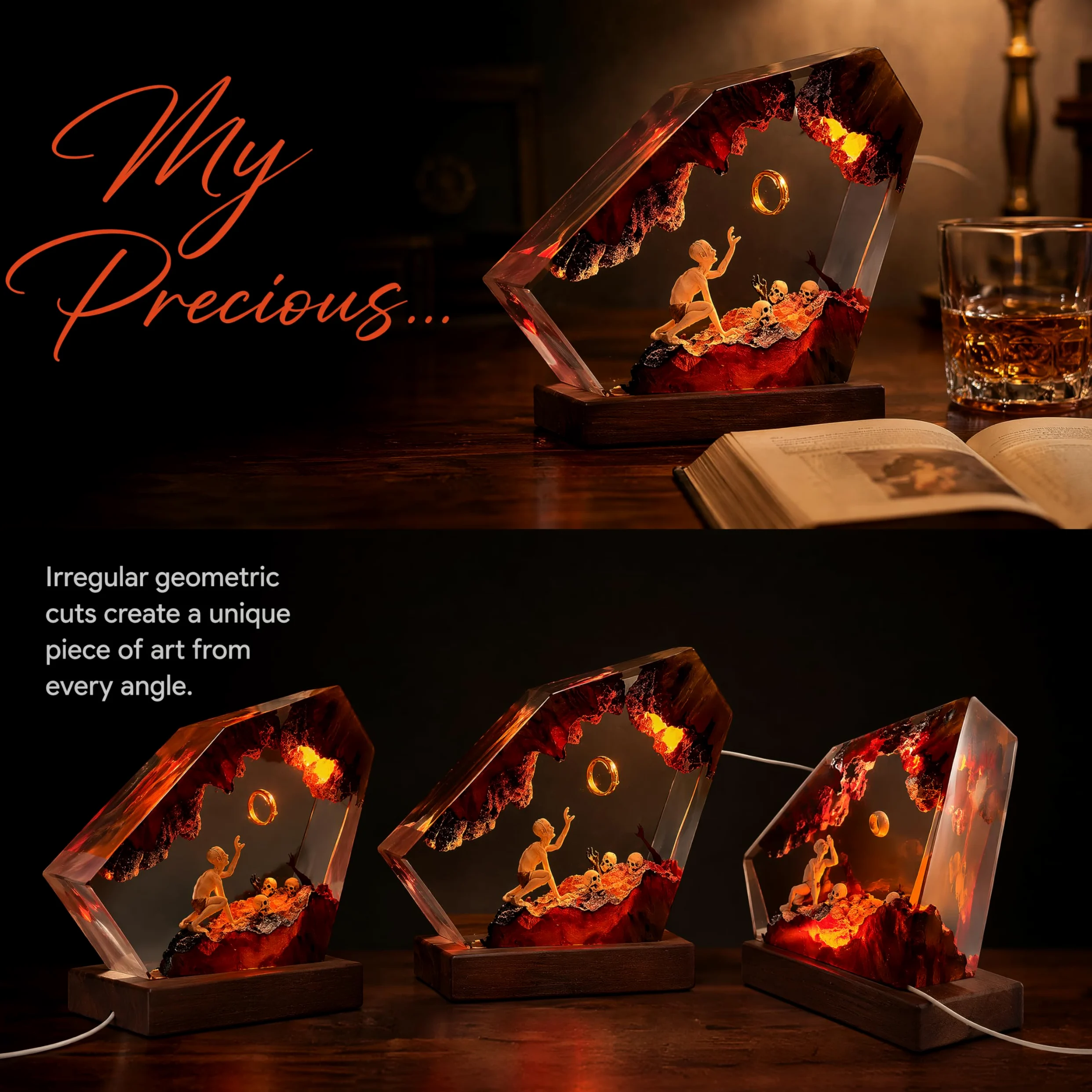 Lampada in resina epossidica, anello del Signore Oscuro, luce notturna a LED realizzata a mano in resina di legno massello, porta USB, decorazione per comodino della camera da letto, regalo di