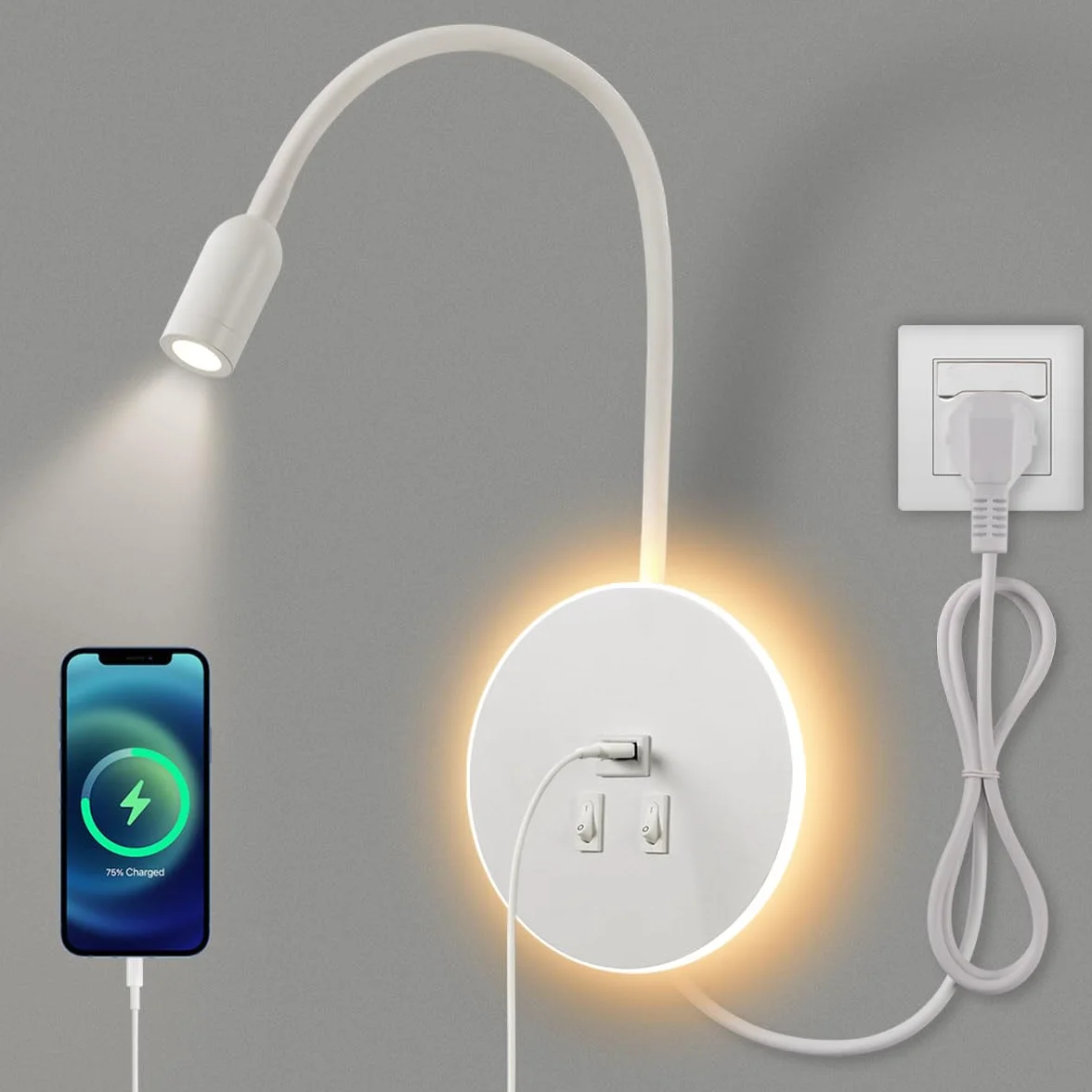 Lampada da Parete a LED,Lampada da lettura flessibile da comodino a collo di cigno,con Porta di Ricarica USB,Luce ambiente camera da letto Luce notturna Faretto (3W 3000K+8W 6000K)Spina,Bianco