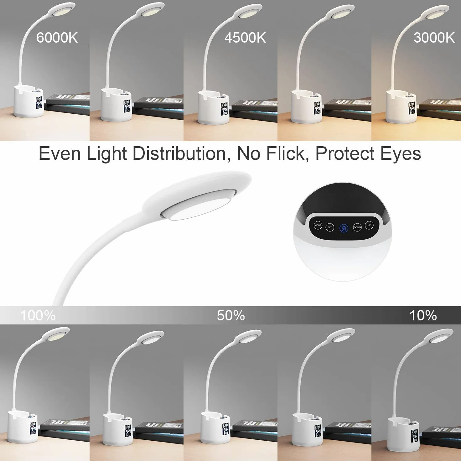 Lampada da scrivania a LED, DORSION con sveglia con ricarica USB, Lampada da scrivania per bambini con portamatite