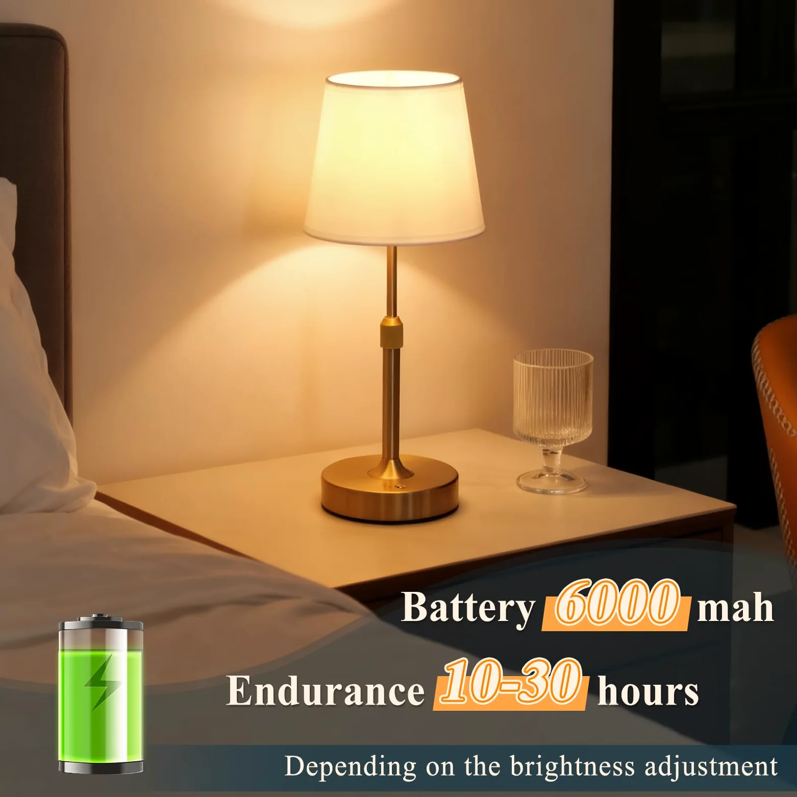 Lampada da comodino ricaricabile, lampada da tavolo dimmerabile a batteria, 6000 mAh, lampade da comodino wireless con paralume in tessuto, luci dorate portatili con controllo touch per camera