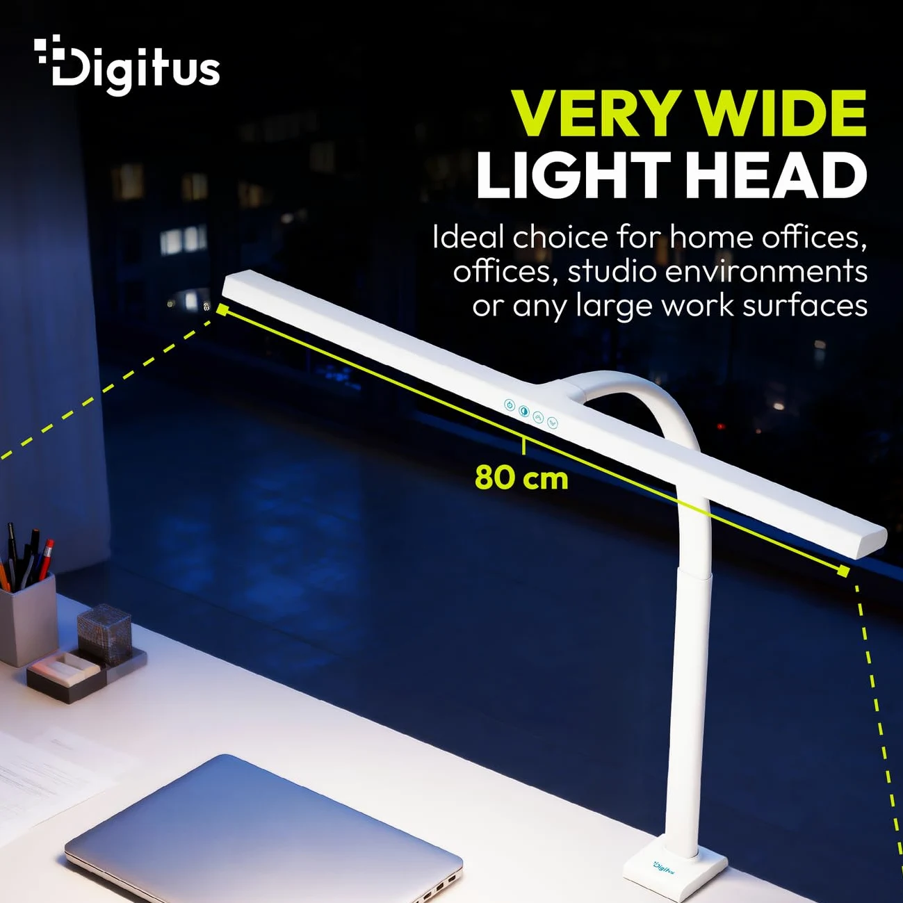 Digitus Lampada da scrivania a LED – 2400 lumen – 80 cm di larghezza – 16 W | 1000 lux – Temperatura di colore a 4 livelli – Regolabile – Comando touch – Braccio flessibile – Base a morsetto – Bianco