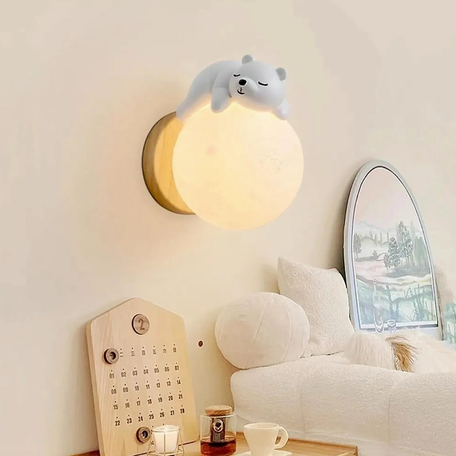 Generico Lampada luna applique da parete LED moderna creativa per cameretta bambini e camera da letto, luce da parete interno con design nordico dimmerabile (Bear)