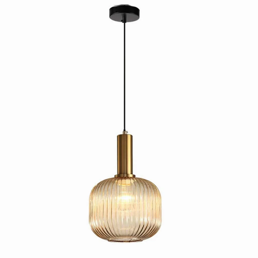 Lampada a sospensione moderna, lampada a sospensione in vetro ambrato con portalampada in rame dorato