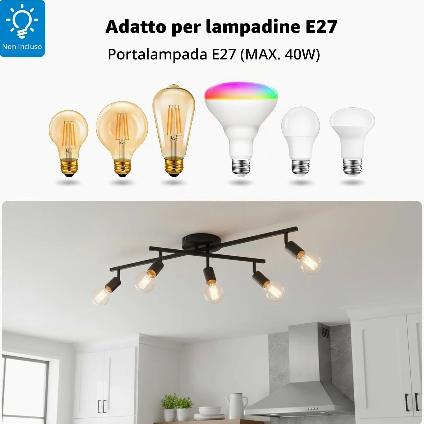 LVWIT Faretto LED Interno Nero, Lampadario Faretti con 5 Attacco E27, Faretti Soffitto Moderna, Faretti Orientabili per Barra, Salotto, Cameretta, Cucina,Corridoio Illuminazione (Senza Lampadina)