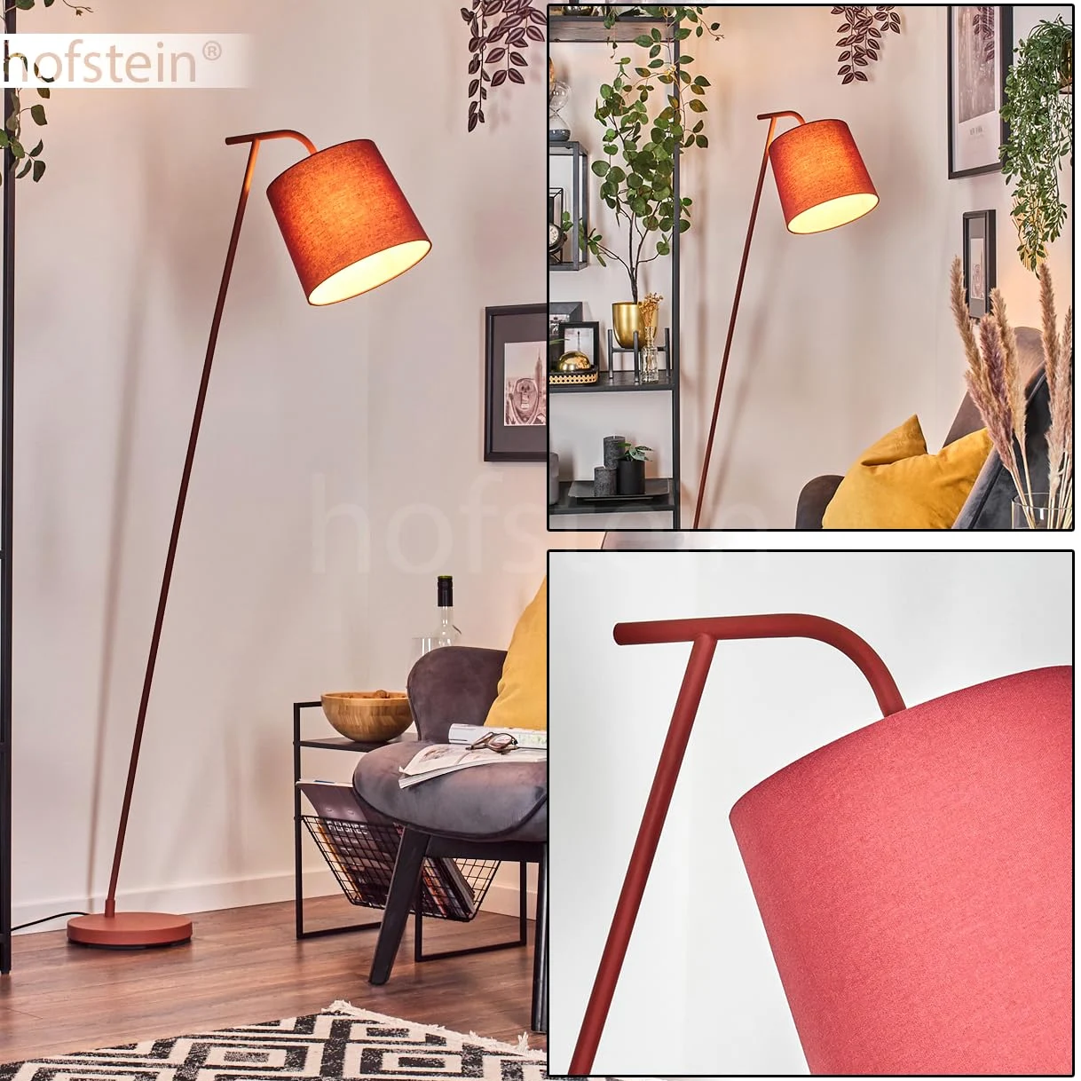 Lampada da terra Palmeiros, lampada in metallo/tessuto rosso/bianco, dal design retrò/vintage con paralume rotondo (Ø 25 cm) e interruttore a pedale, altezza 160 cm, 1 x E27, senza lampadina