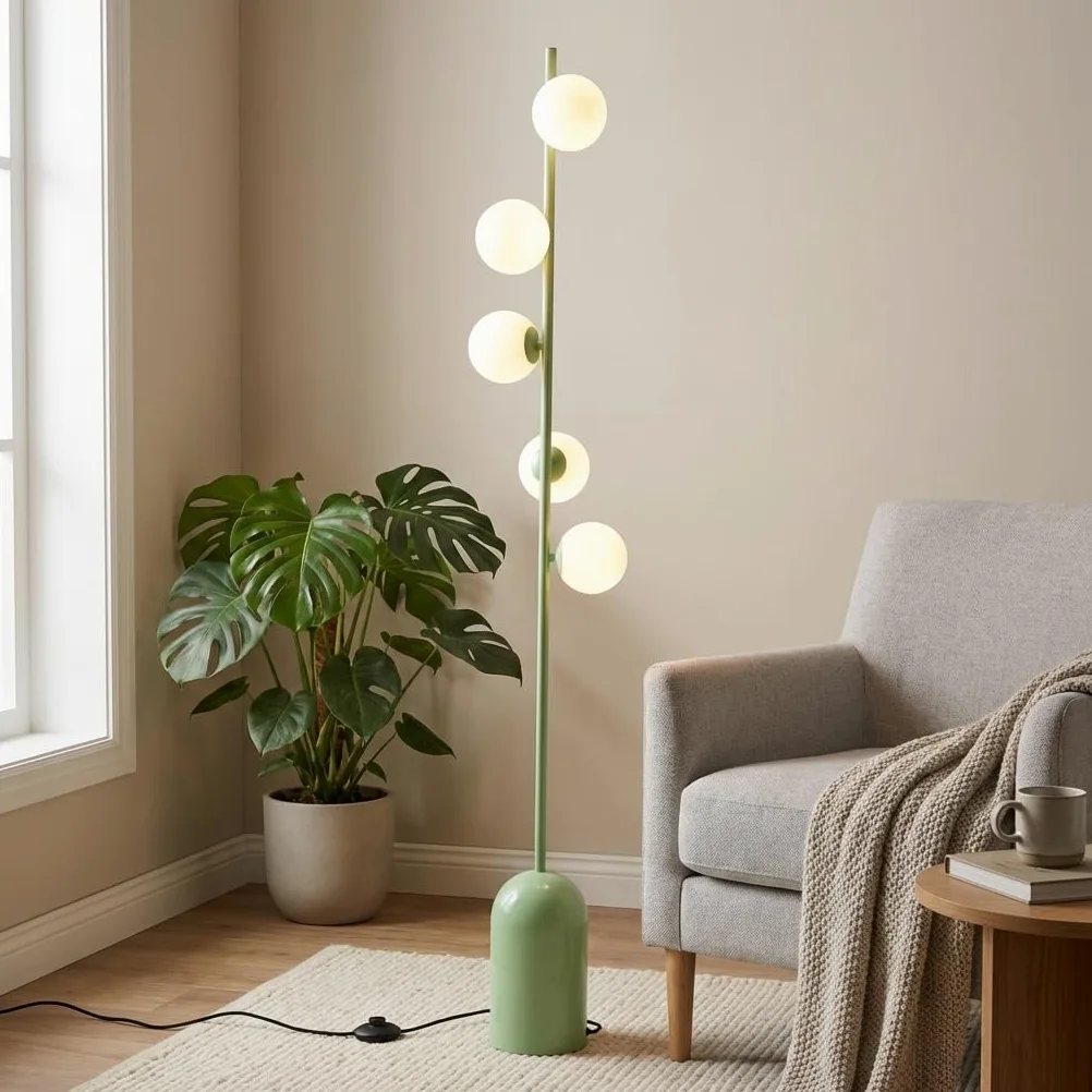 Alpinaluz Lampada da Terra Verde Moderna con 5 Sfere Luna 3D in ABS Stampate, Base in Ferro Robusta, 5 Portalampada G9 per Illuminazione Soffusa e Design Nordico Elegante per Soggiorno e Camera da
