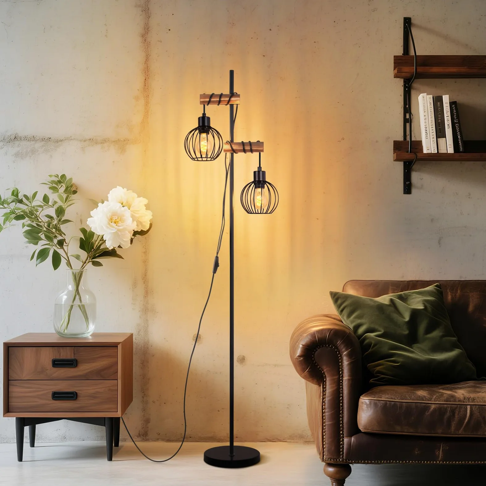 ZMH Lampada da terra nera, lampada da terra per soggiorno in legno - lampada da terra vintage a 2 fiamme in design industriale in metallo con interruttore, attacco E27 152 cm (senza lampadina)