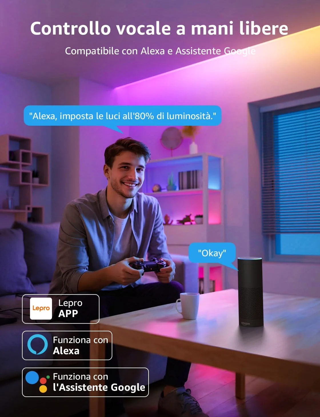 Lepro S1 AI Smart Striscia LED 20M,Strisce LED Camera da Letto,Funziona con Alexa/Google Assistant,Controllo Vocale,Sync Musicale per Festa in Soggiorno,Progettista Illuminazione AI Personalizzato
