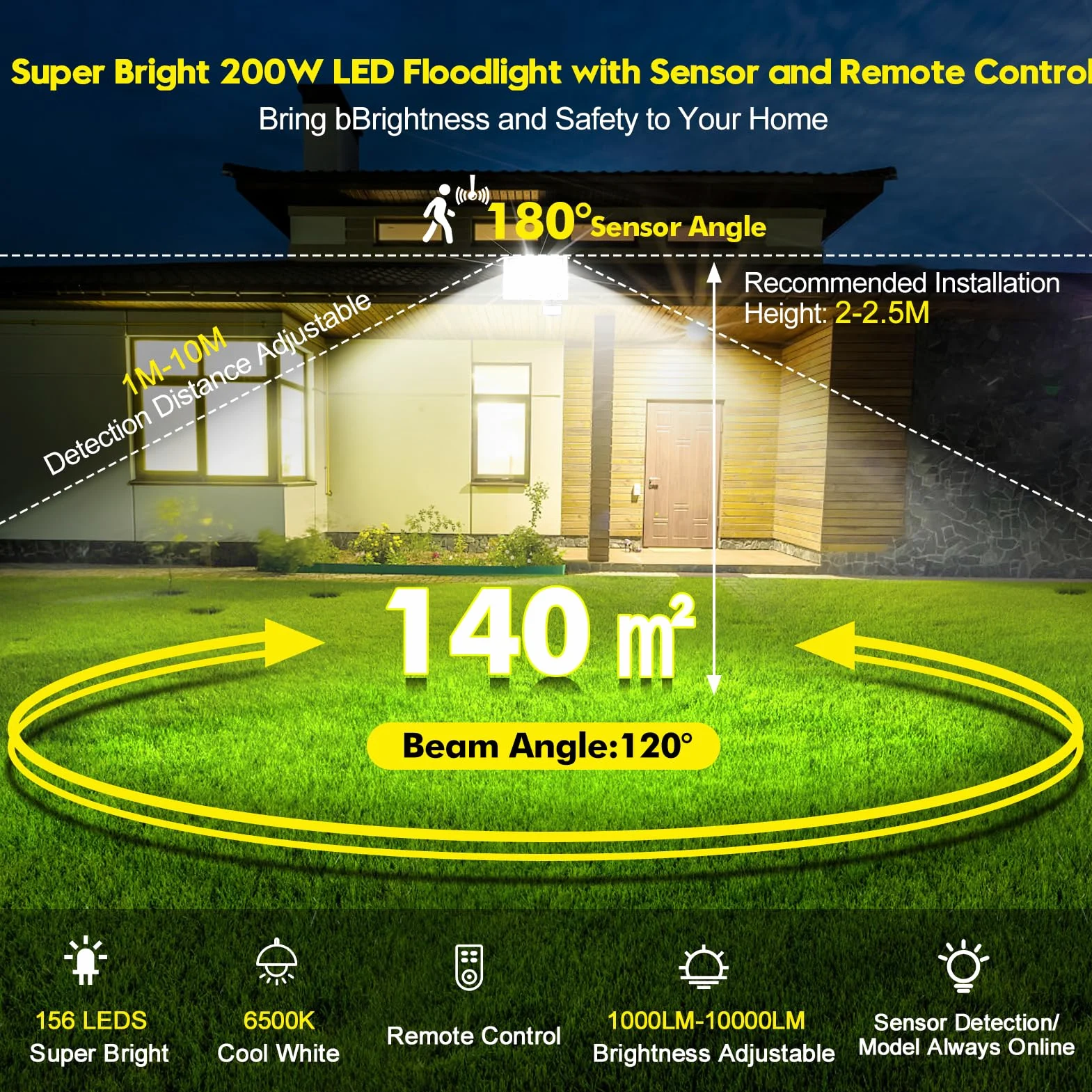 Viugreum 200W Faretto LED da Esterno con Sensore di Movimento, 20000LM 6500K Bianco Freddo Faretto LED da Esterno con Telecomando, IP66 Impermeabile Faro LED Esterno per Giardino Garage Garage