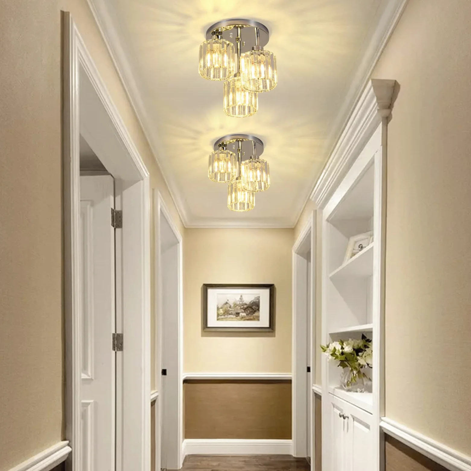 Rayofly Lampadari moderni di cristallo a soffitto, Plafoniera a 3 luci con paralume in vetro, Plafoniera cromata per soggiorno, corridoio, bagno, camera da letto, Lampadario a sospensione per cucina