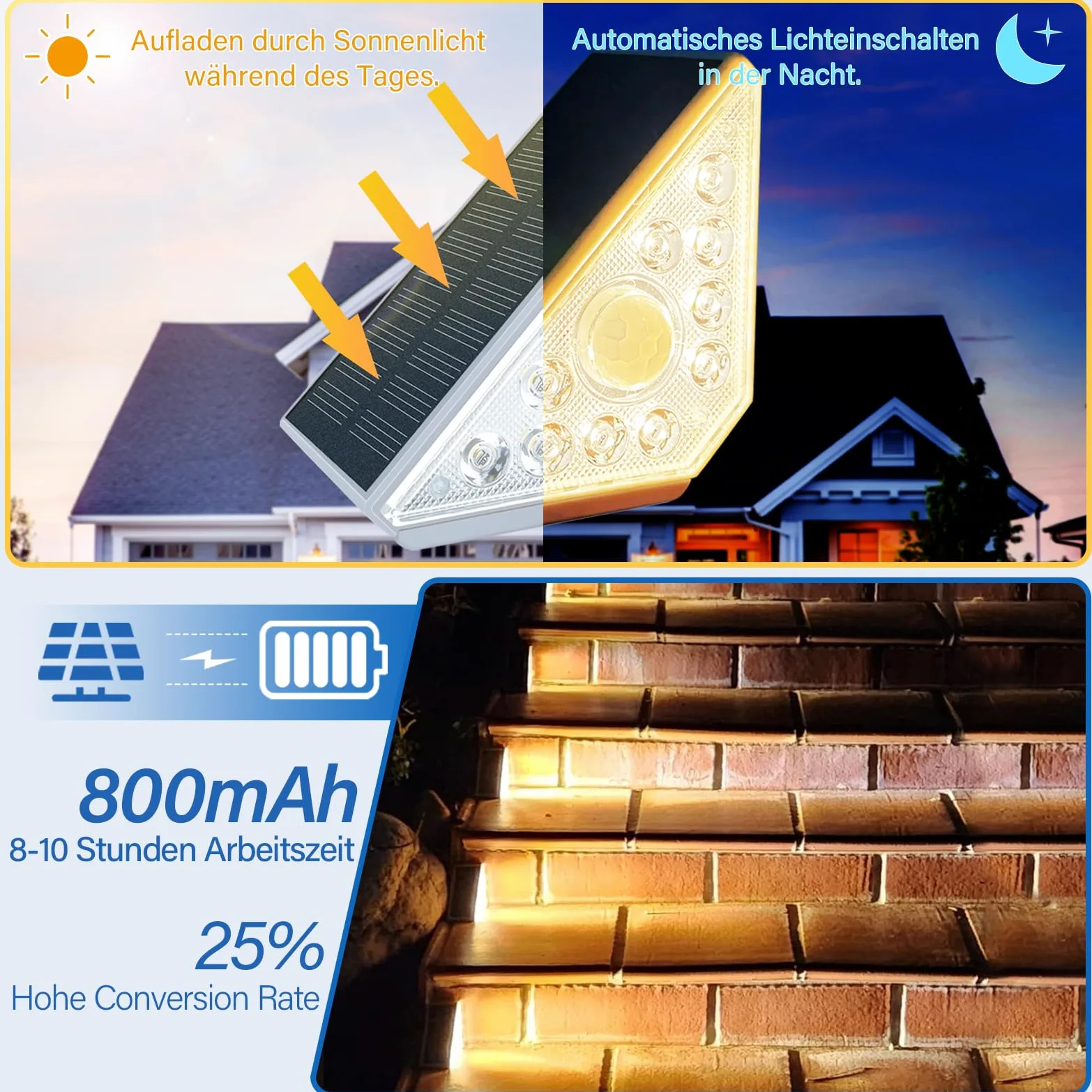 4 luci solari per scale esterne con sensore di movimento, luce bianca calda, illuminazione solare per scale, impermeabilità IP44, 800 mAh, per giardino, scale, patio, porta d'ingresso