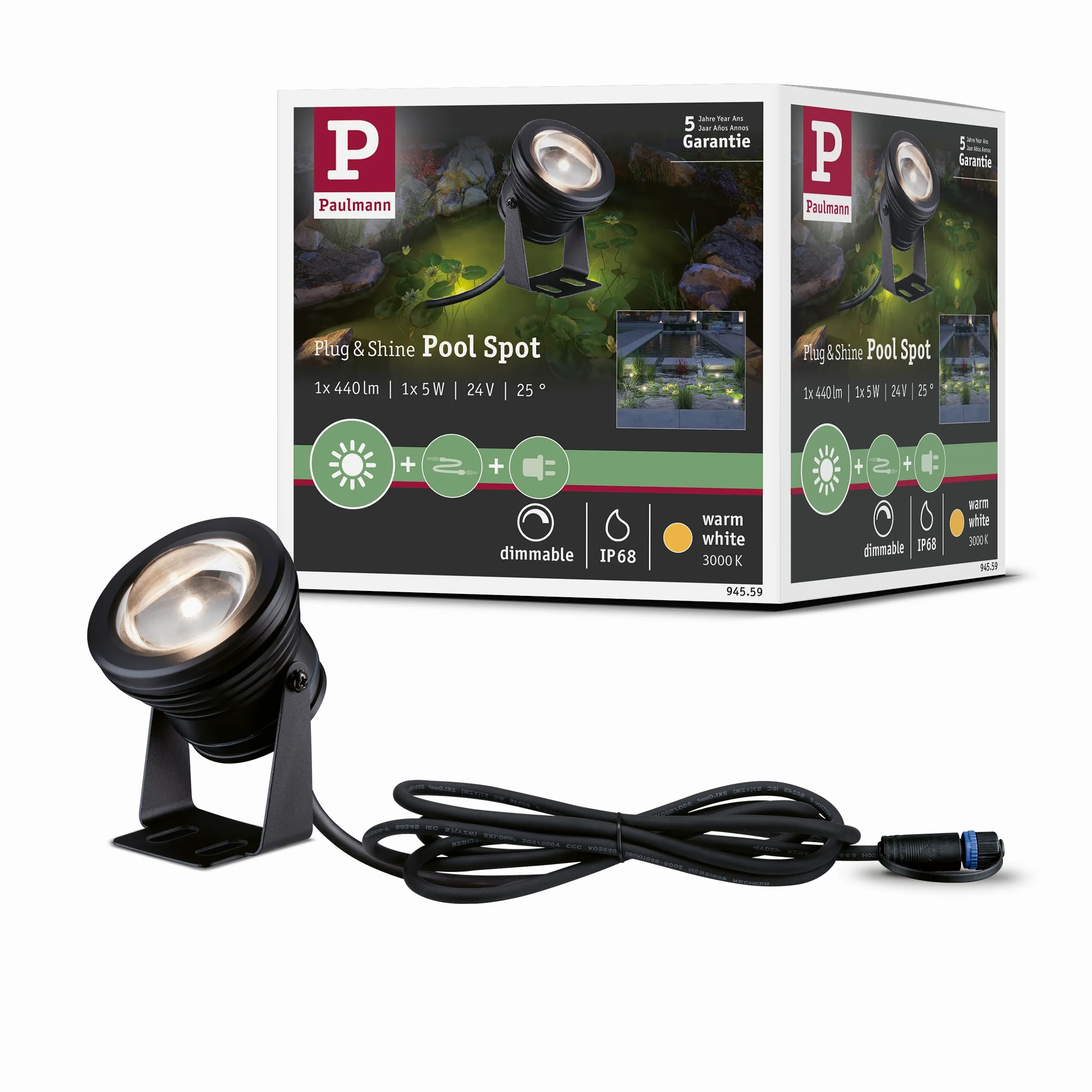 Paulmann Plug & Shine 94559 - Faretto LED per esterni, IP68, incl. 1 lampadina da 5 W, dimmerabile, bianco caldo e nero, in alluminio, 3000 K