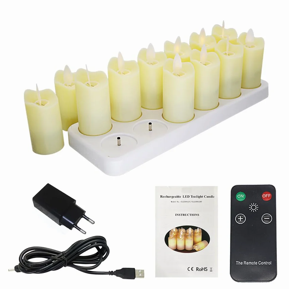 Candele tremolanti Senza Fiamma Confezione da 12 Candele LED realistiche Ricaricabili con Telecomando a 4 Tasti Candele elettriche in plastica in Giallo Caldo per Decorazioni