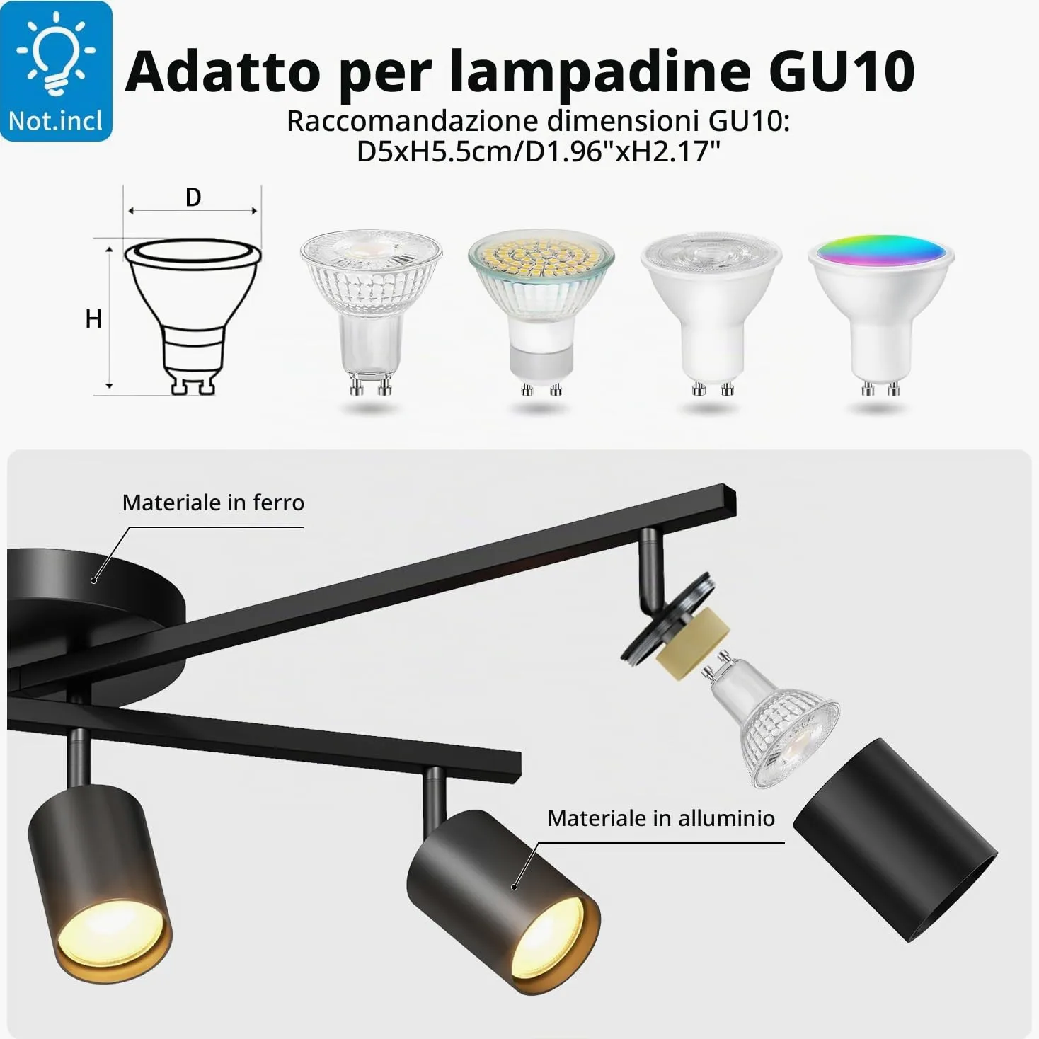 LVWIT Faretti Orientabili Nero, Faretti Soffitto con 5 Attacco GU10, Faretto da Interno Moderna, Lampadario Faretti per Barra, Salotto, Cameretta, Cucina,Corridoio Illuminazione (Senza Lampadina)