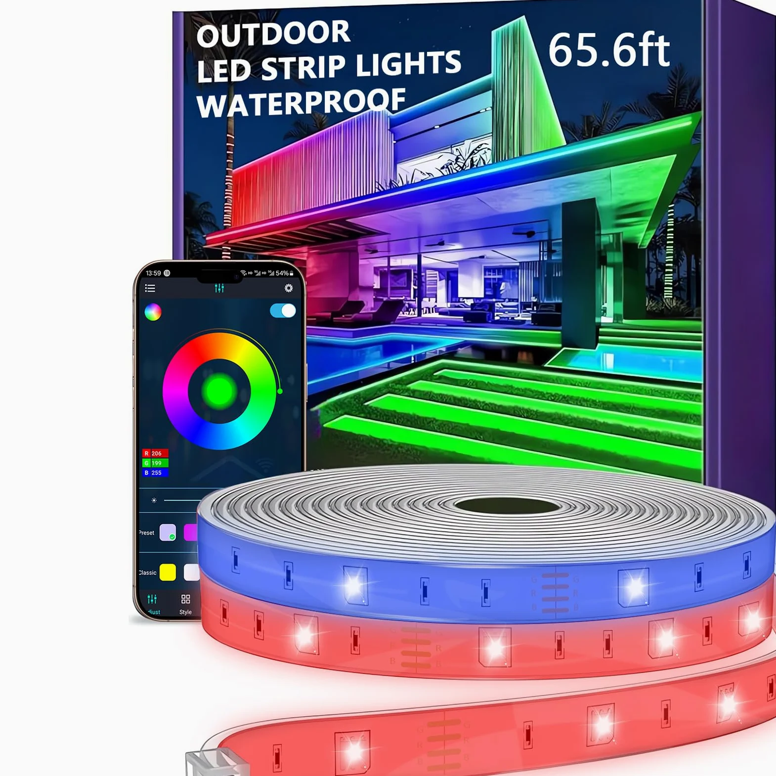 Striscia LED impermeabile per esterni, IP67, con sincronizzazione musicale, striscia LED controllata da app, per fotocamera, giardino, balcone, vacanze, decorazione della stanza (20 m)