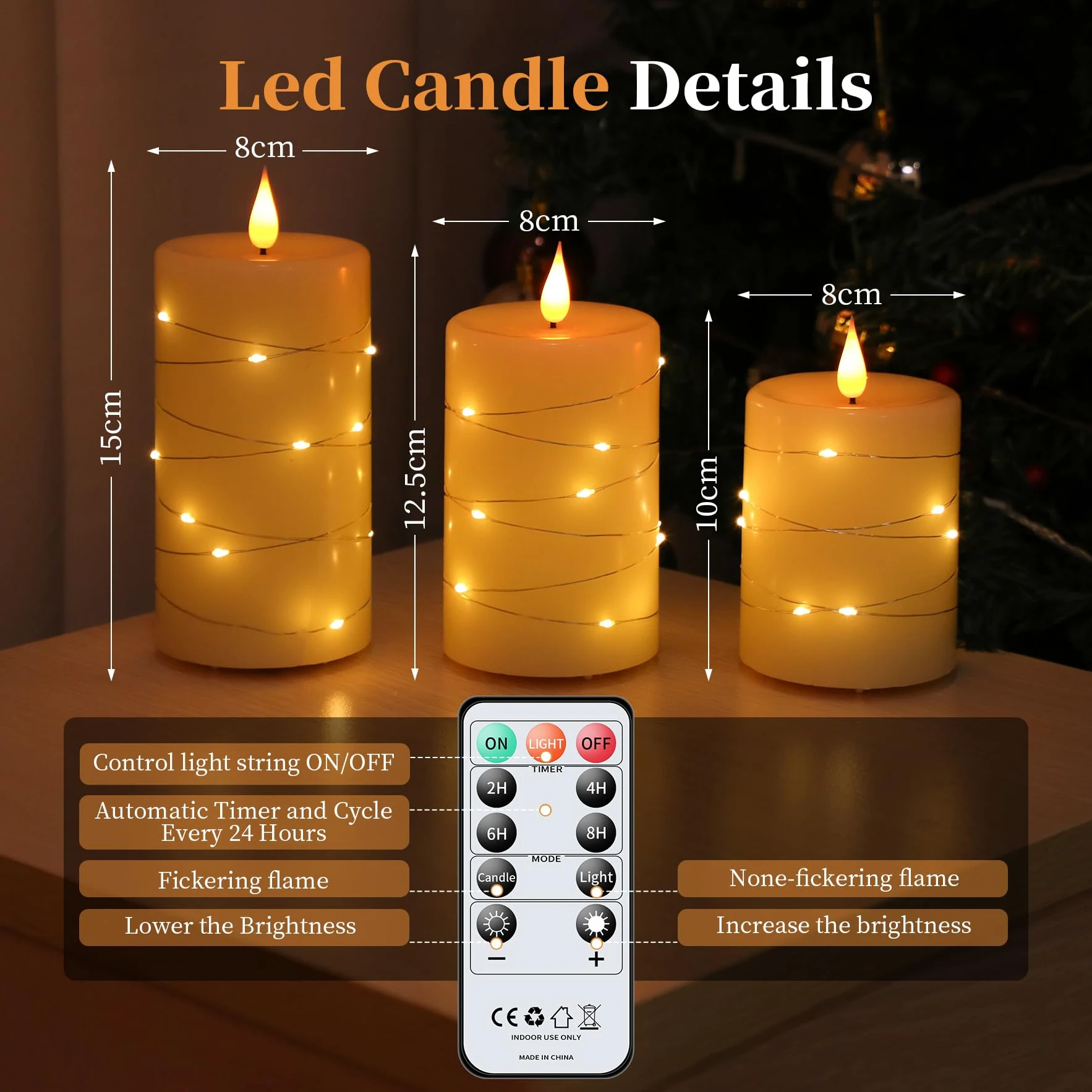 Forever Speed Candele LED Ricaricabili 3 Pezzi con Telecomando, 1000mAH Candele Led Fiamma Oscillante con Luci a Stringa Incorporate Dimmerabile per Decorazione per Feste, Campeggio, Matrimonio